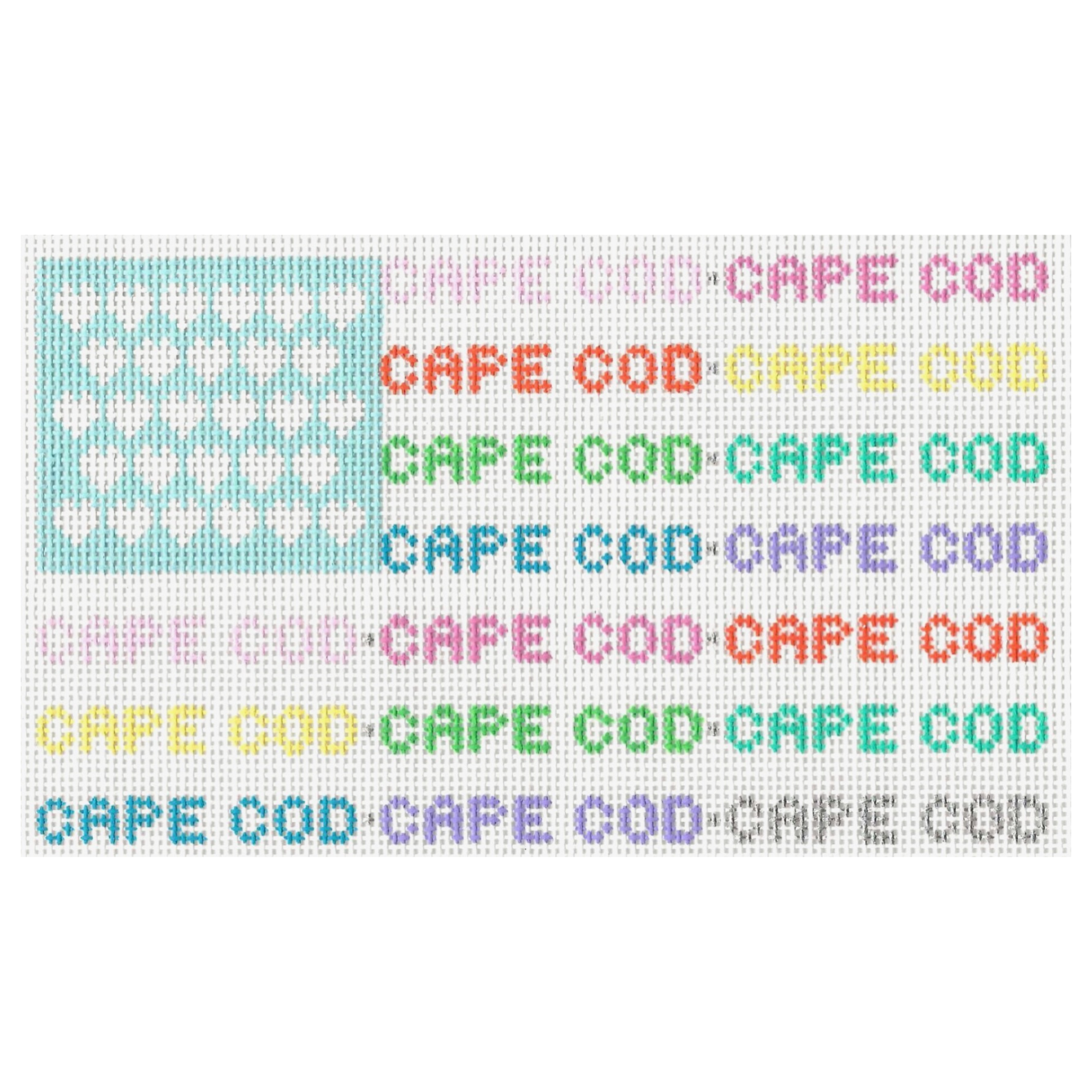 Needlepoint pattern of the American flag in pastel colors and the words 'CAPE COD' repeatedly stitched in different colors