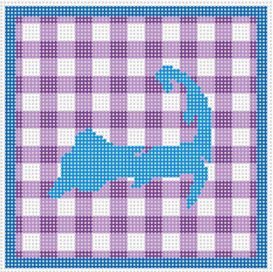 Cross-stitch pattern of a blue seahorse on a purple and white checkered background with a blue border.