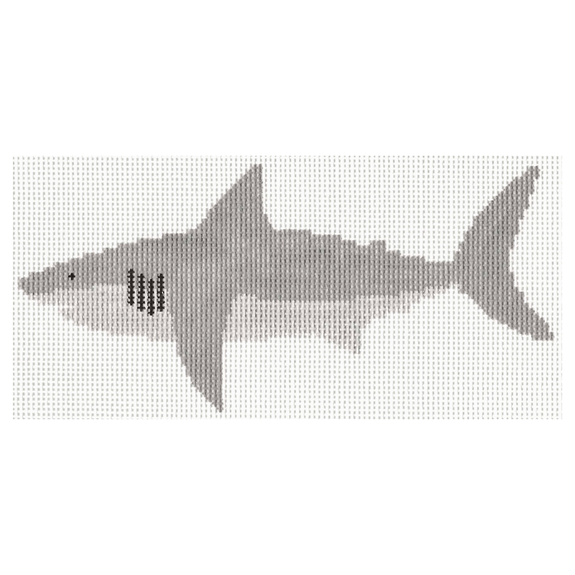 Needlepoint design of a black and white image of a shark, facing left, with gills and fins visible.