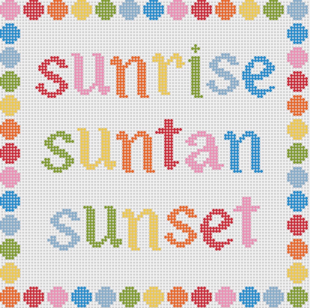 Colorful cross-stitch pattern with the words 'Summertime' repeated three times, framed by a border of multi-colored dots.