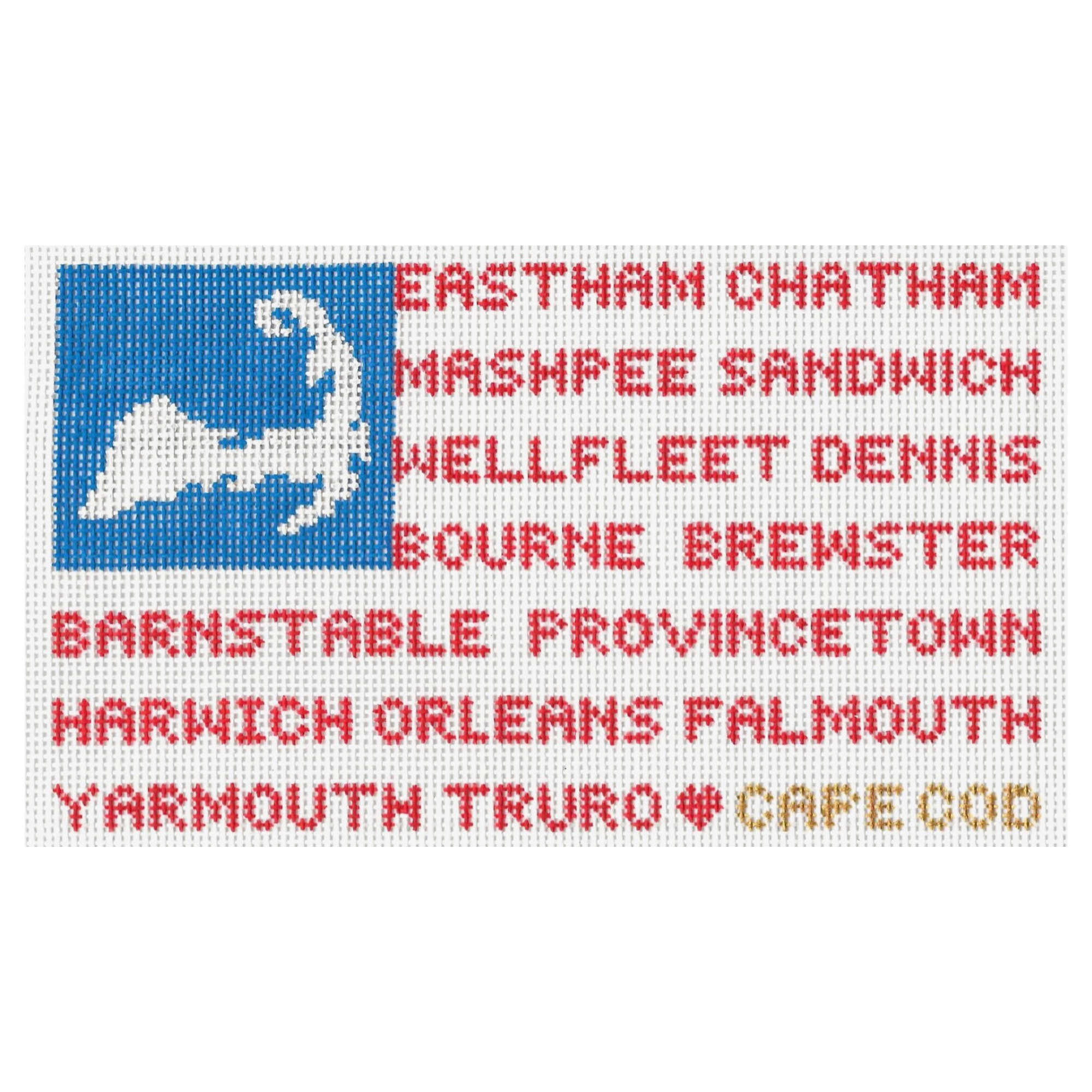 needlepoint patter of the American flag in red, white and blue with the towns in Cape Cod in red.