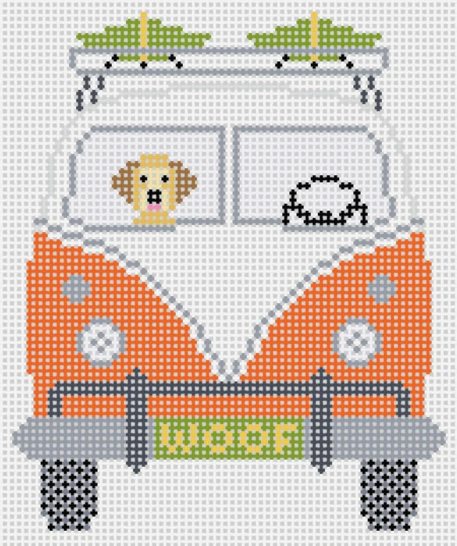 Cross-stitch pattern of a vintage Volkswagen van decorated with a mosaic of bright colors, featuring a dog in the driver's seat and a frog on the roof.