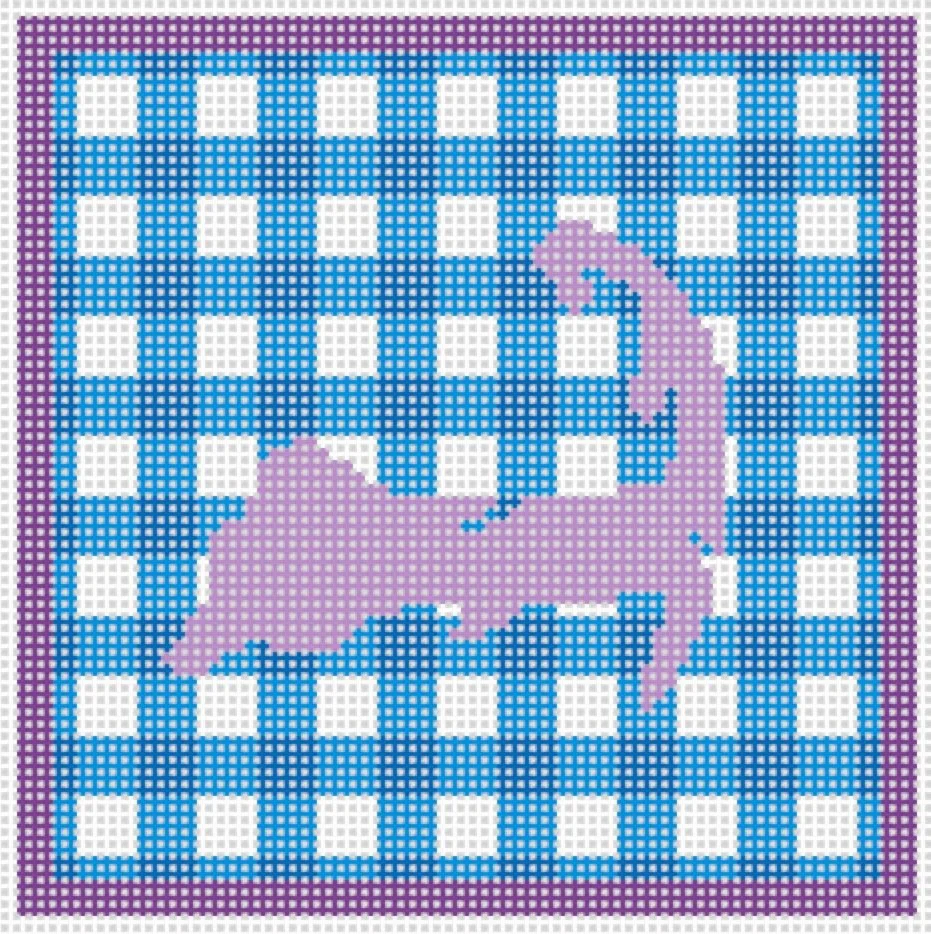 Cross-stitch pattern of a purple dragon on a blue and white checkered background with a purple border.