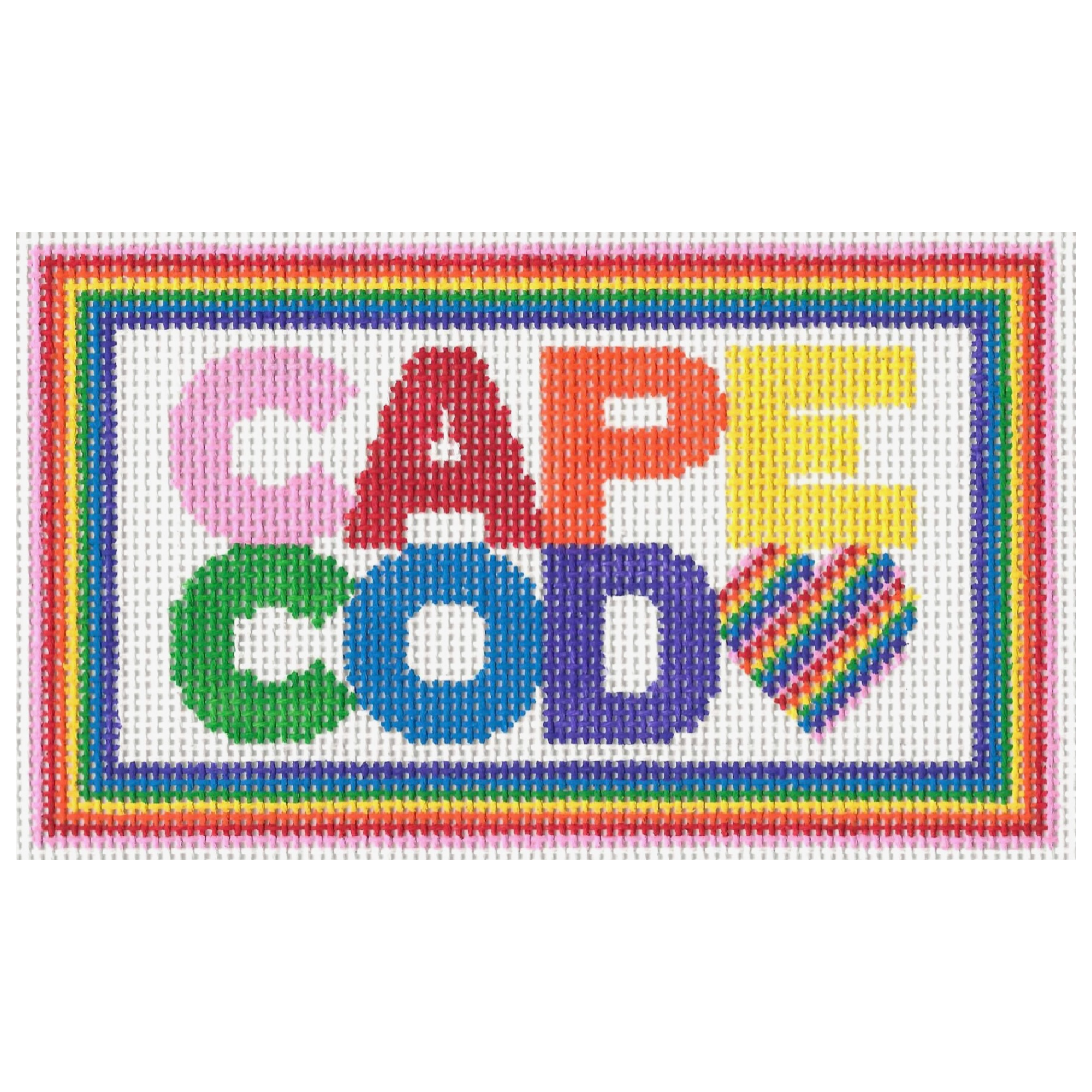 Needlepoint design featuring colorful text spelling out "Cape Cod" with a rainbow striped heart on a white background surrounded by a rainbow border.
