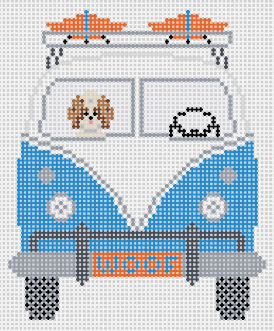 Cross-stitch pattern of a classic Volkswagen camper van with an orange and white roof, blue body, and a dog visible through the front window. The license plate reads 'WOOF'.