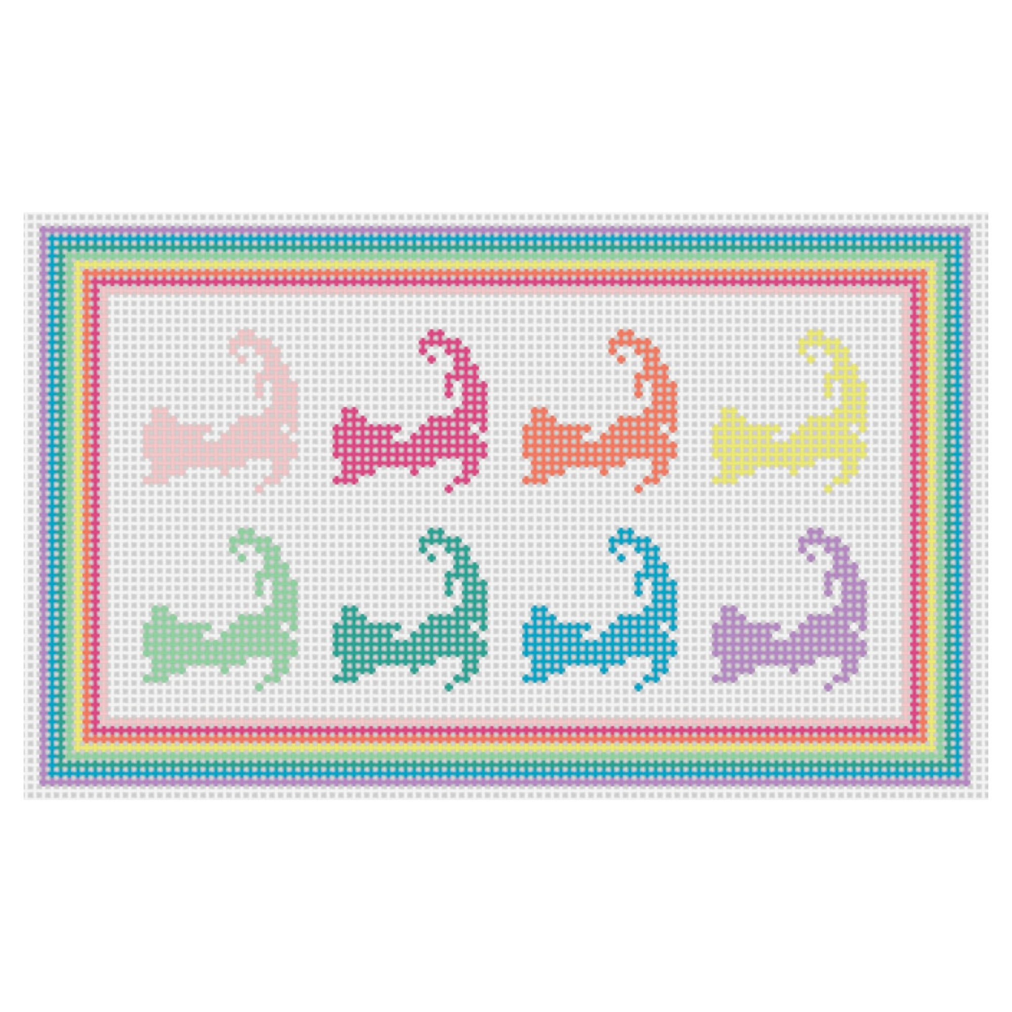 Colorful needlepoint design of the outlines Cape Cod in pastel shades, bordered by rainbow-colored stitching on a white background.