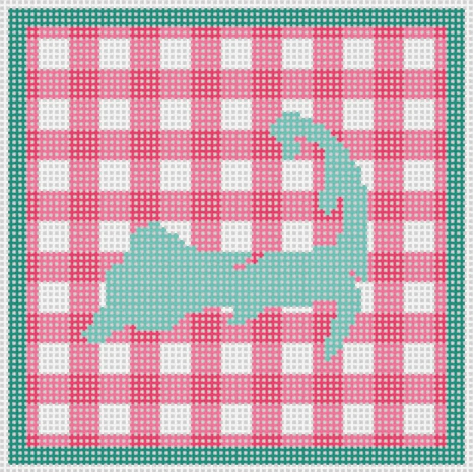 Pixel art of a dinosaur on a pink and white checkered background with a teal border.