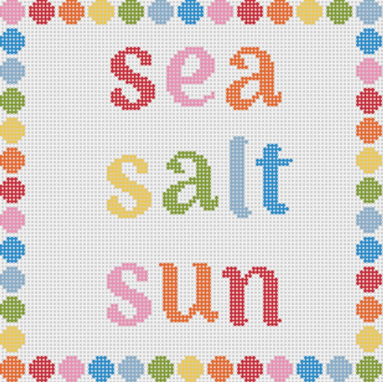 Cross-stitch pattern with the phrase "Sea Salt Sun" in colorful stitched letters, bordered by multicolored stitched dots.