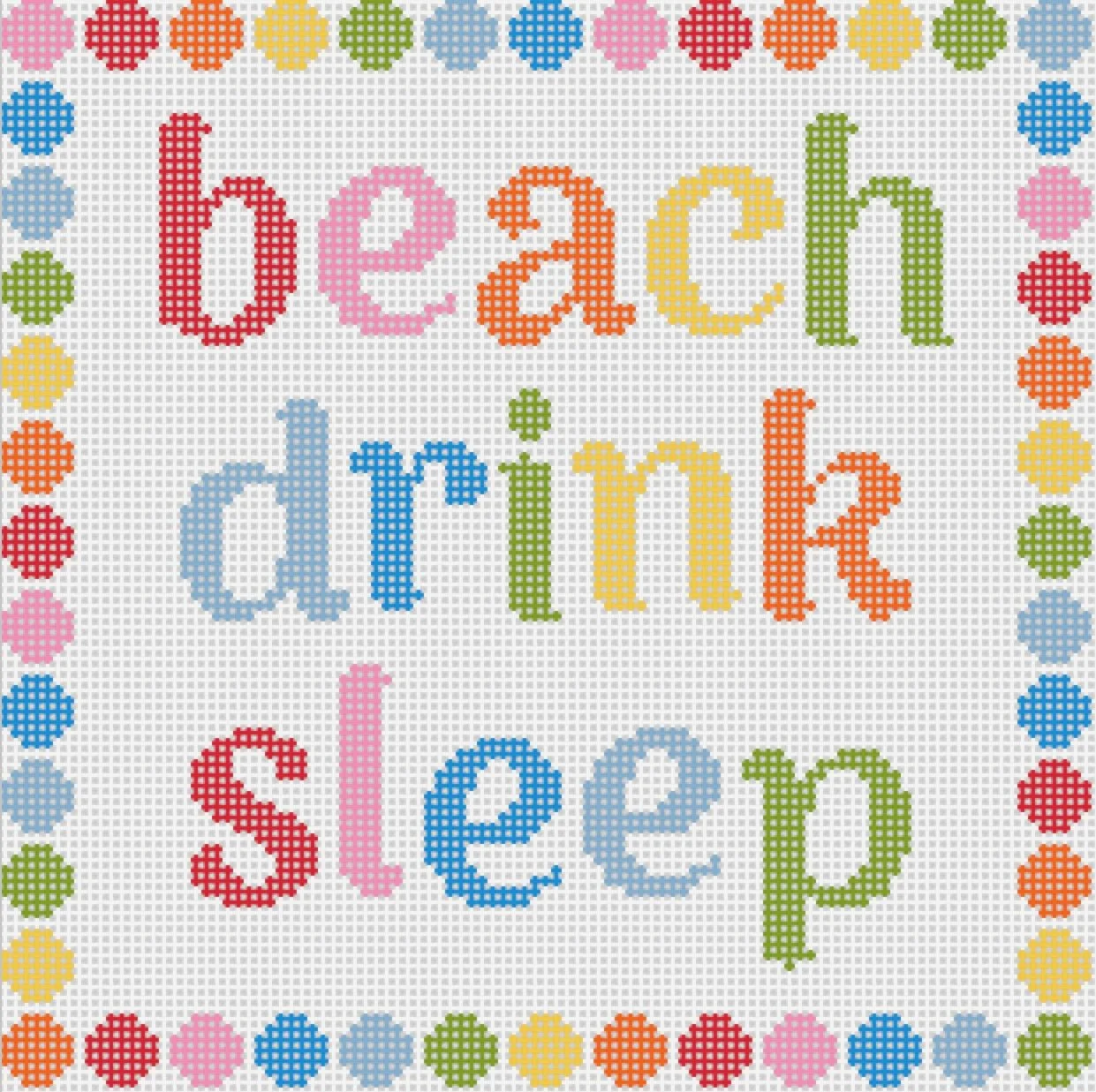 Colorful cross-stitched sign that reads 'Leach laundry Sleep' with a border of multicolored circles.