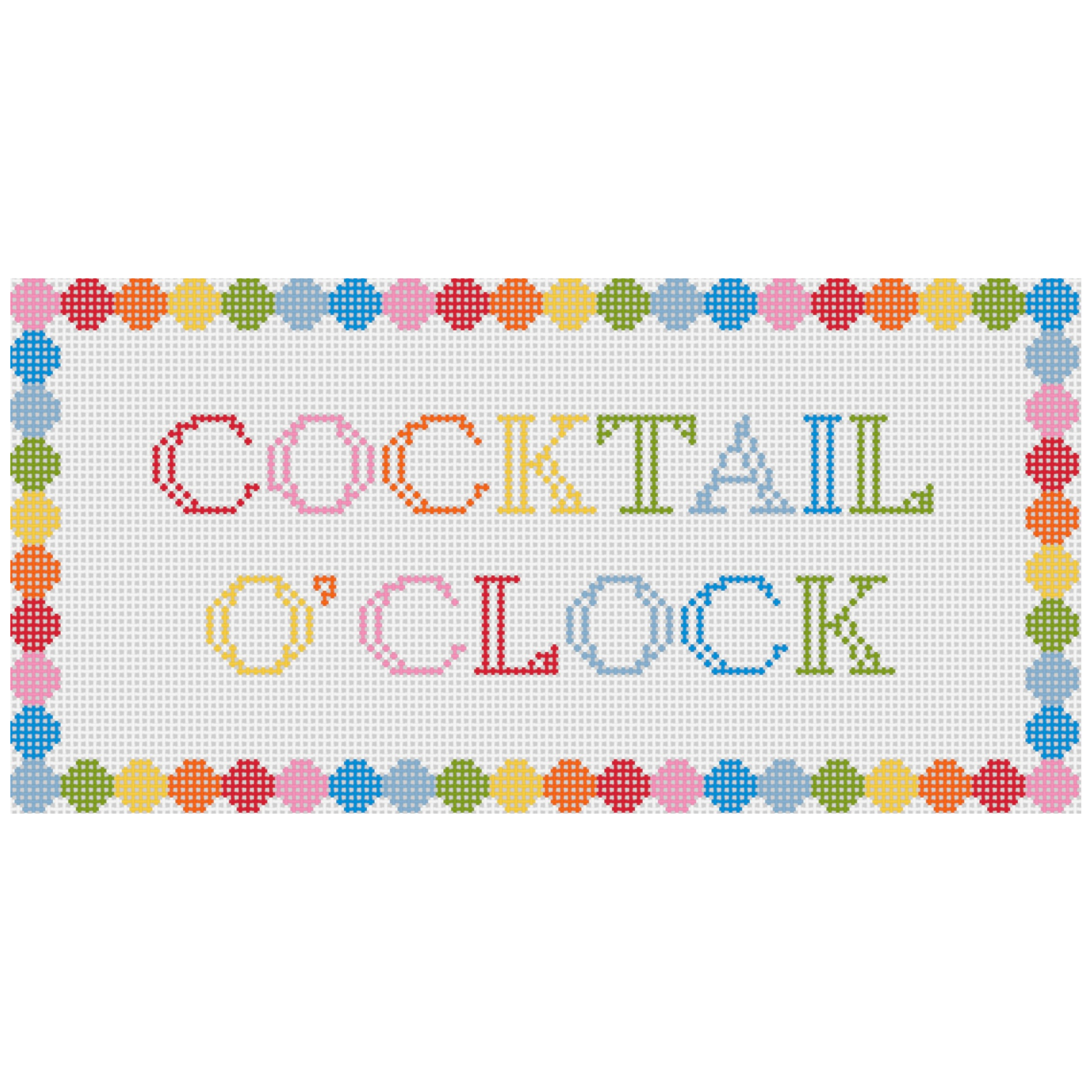 Colorful cross-stitch pattern with the text "COCKTAIL o'clock" in rainbow colors, surrounded by a border of multicolored circles.