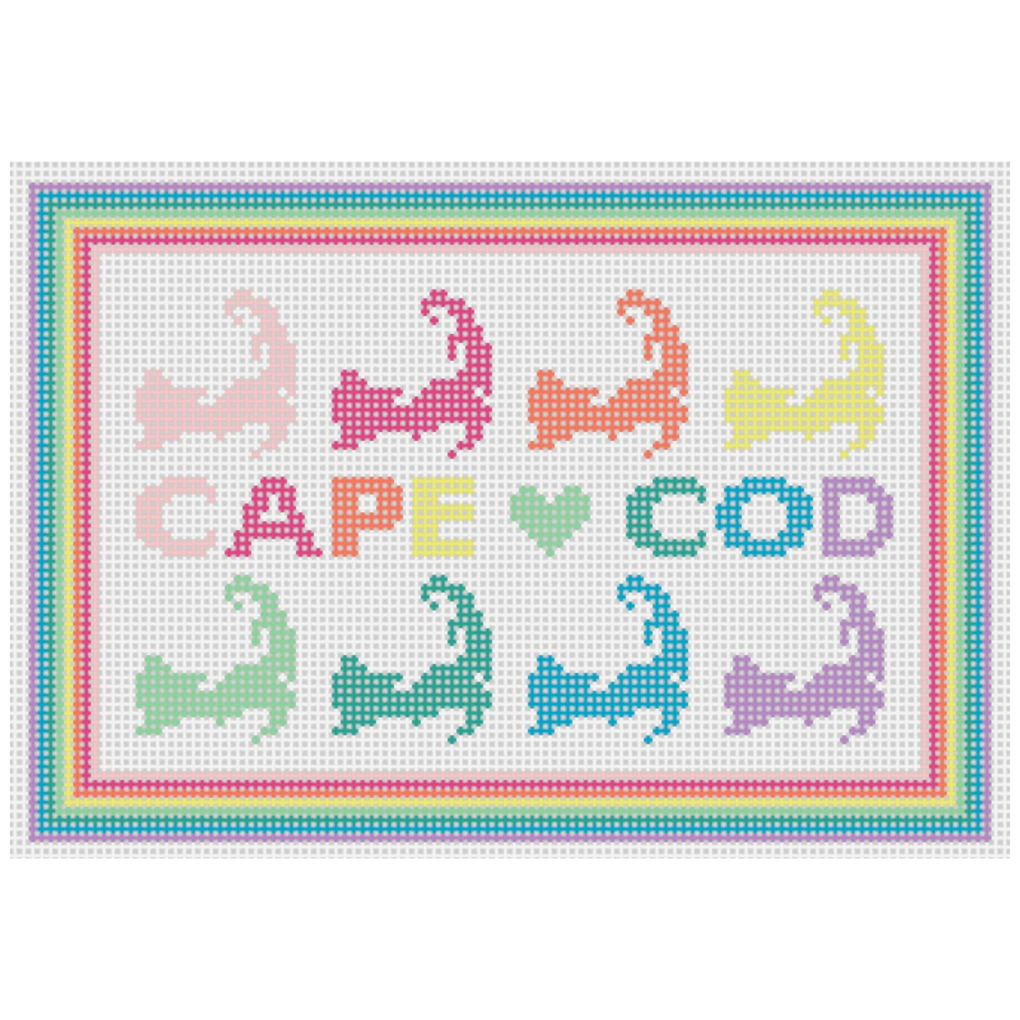 Colorful cross-stitch pattern with mermaid silhouettes, the words 'CAPE COD' with a heart symbol, and a rainbow border.
