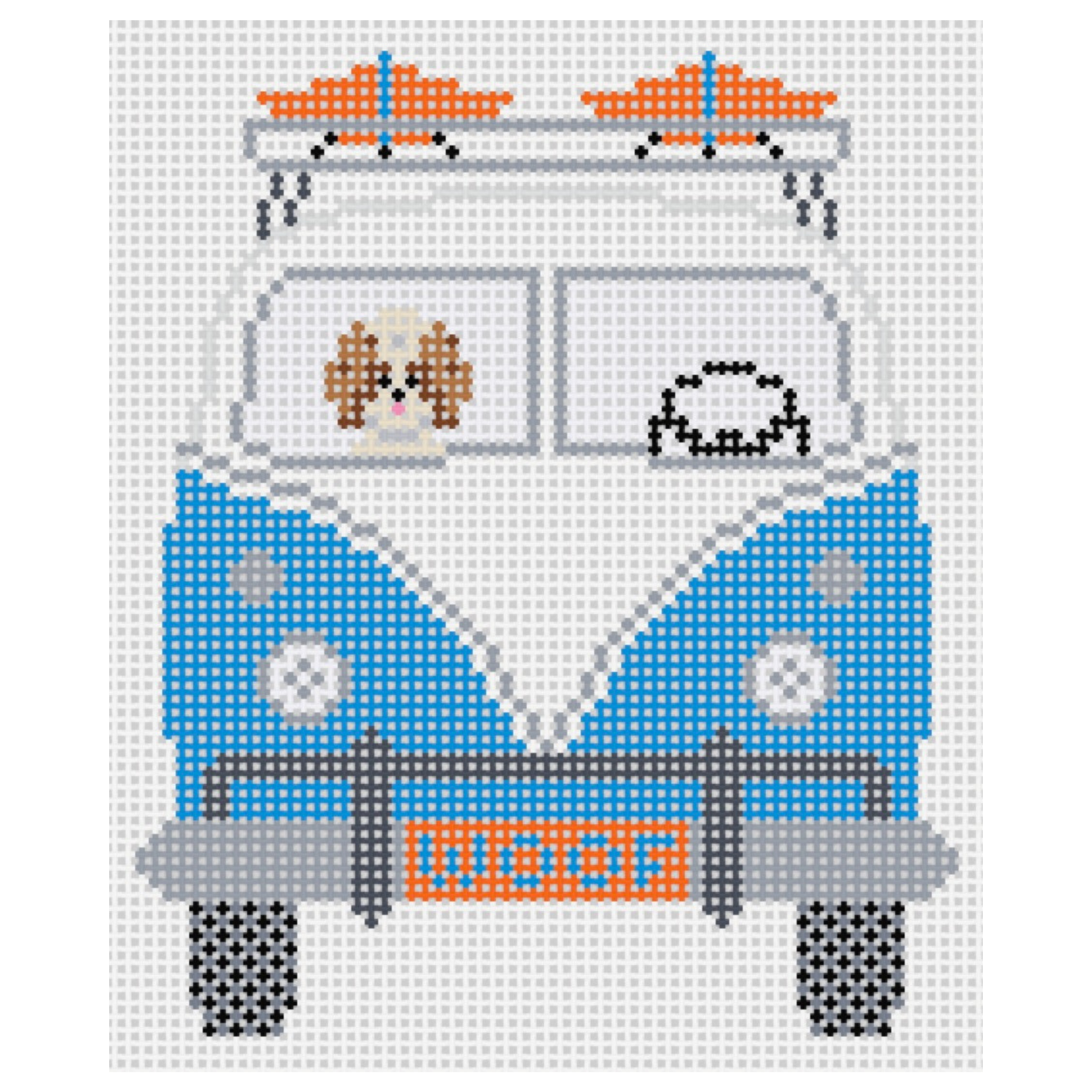 needlepoint design of a dog driving a blue van.