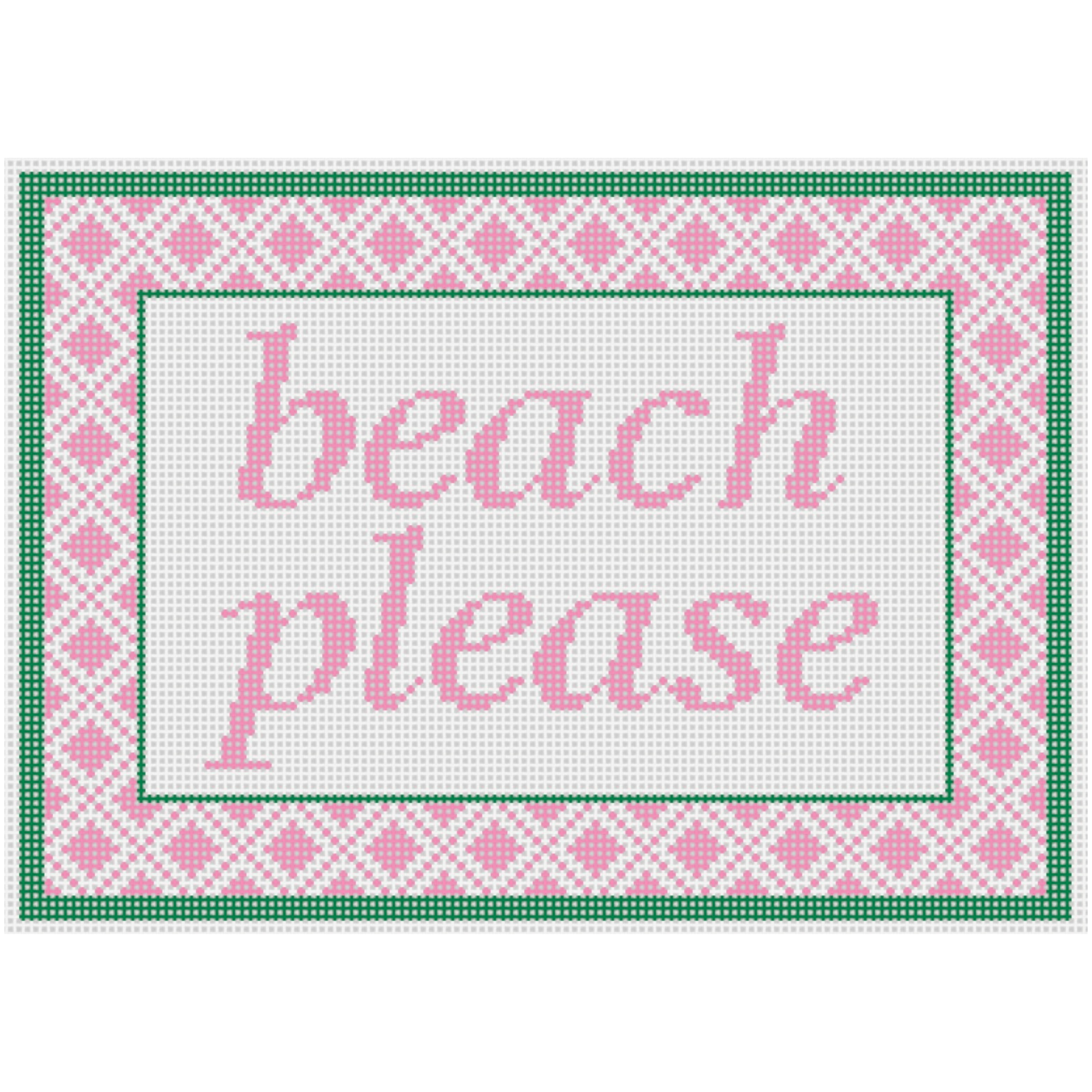 Needpoint design with the words beach please in pink.
