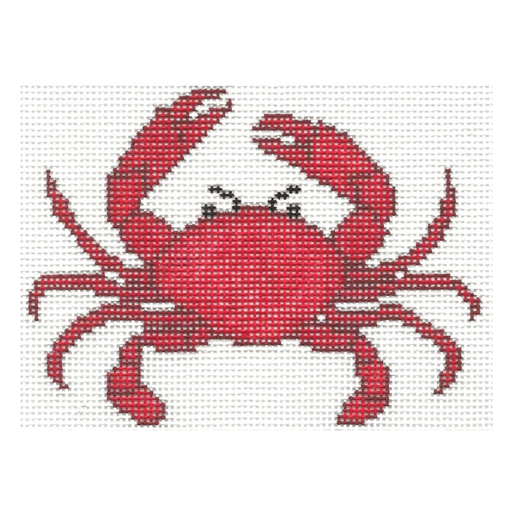 Needlepoint design of a red crab with black eyes and white detail, on a white background.