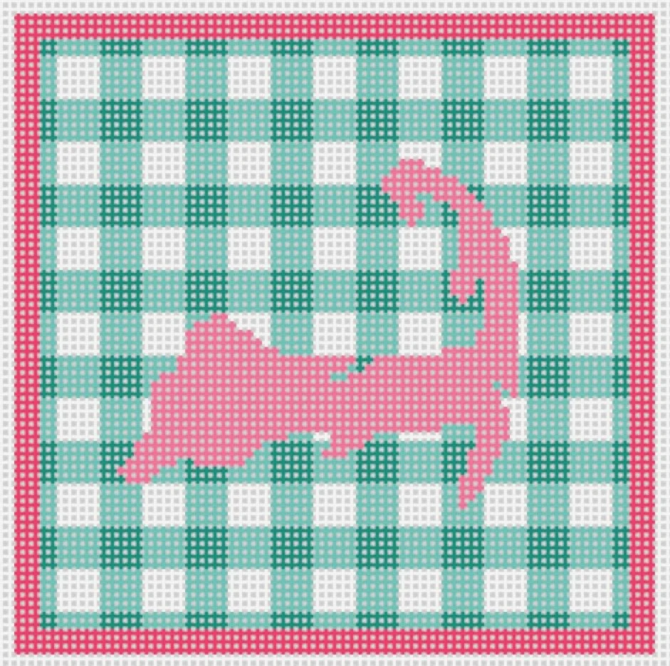 Cross-stitch pattern of a pink dinosaur on a green and white checkered background with a pink border.