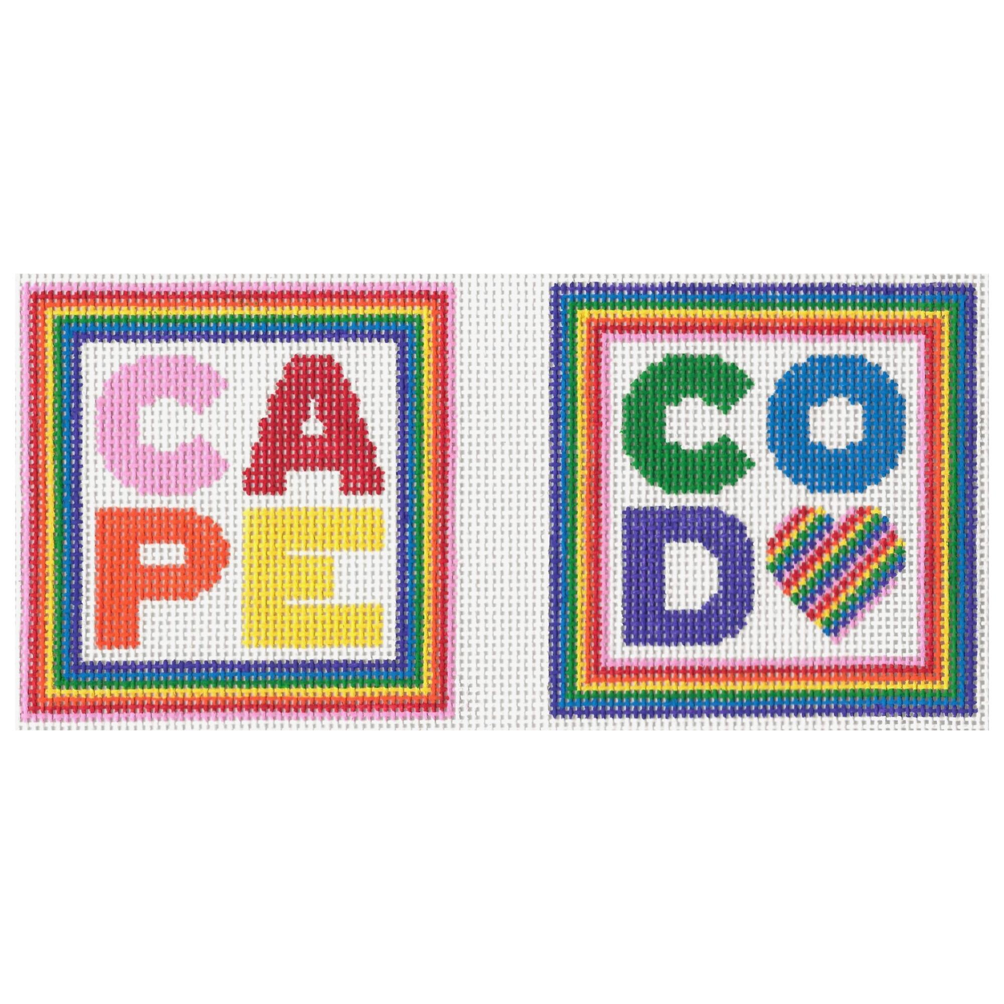 Colorful needlepoint designs spelling 'CAPE' and 'CODE with rainbow borders