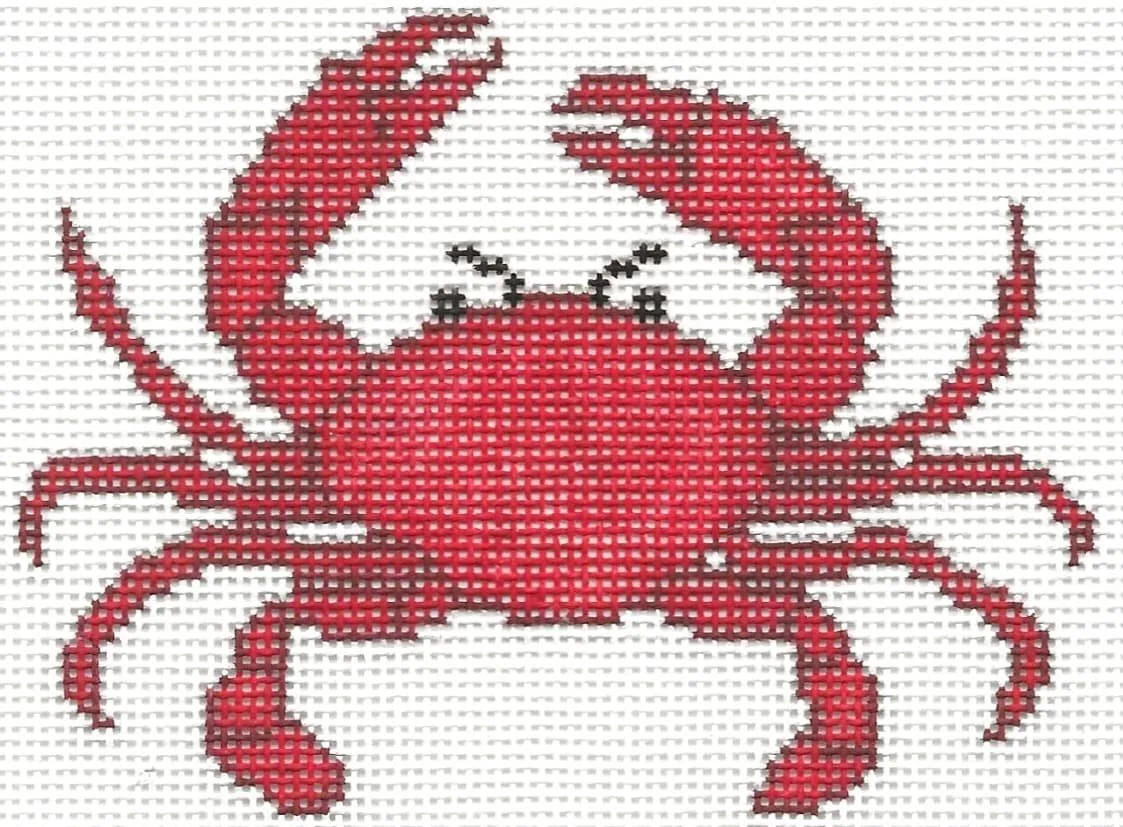 needlepoint design of a red crab with black eyes on a white fabric background.