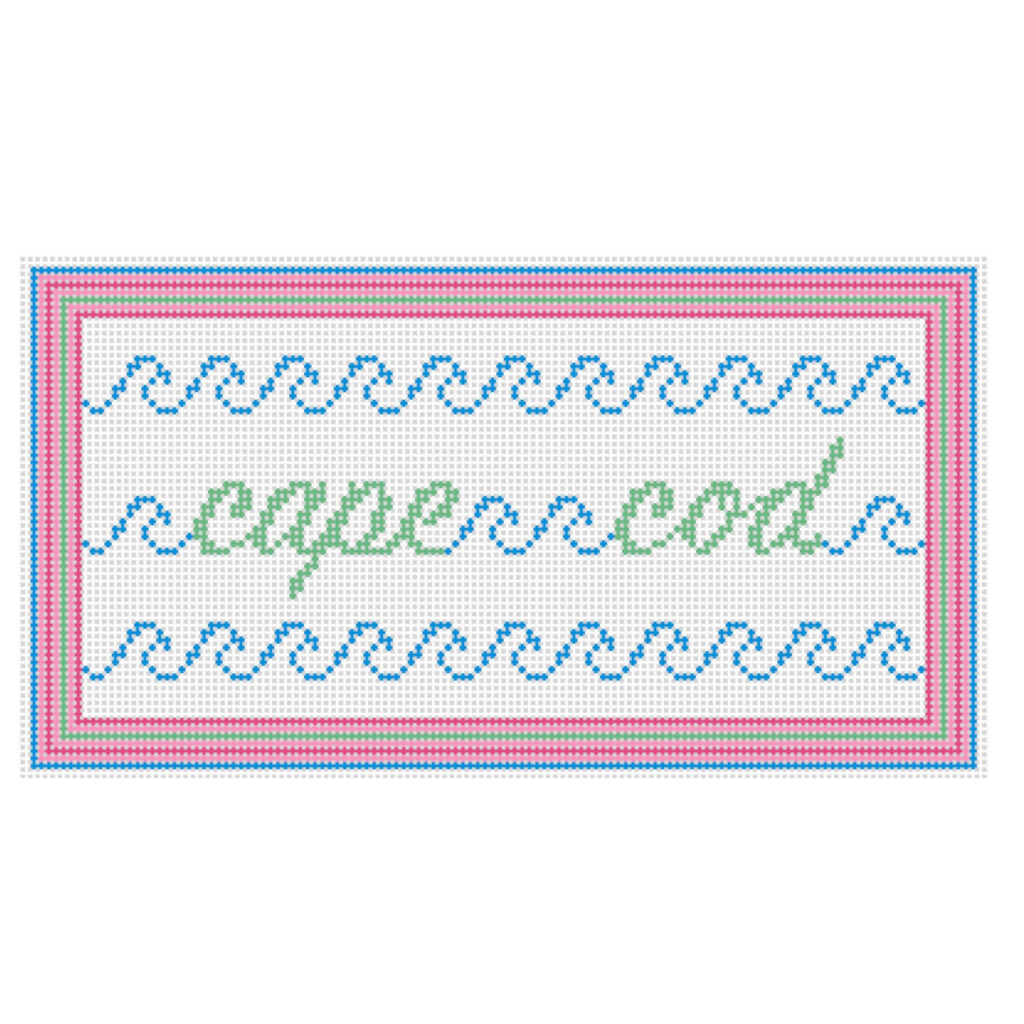 Cross-stitch pattern with the word "peaceful" in green and blue cursive letters surrounded by pink, green, and blue borders and waves.