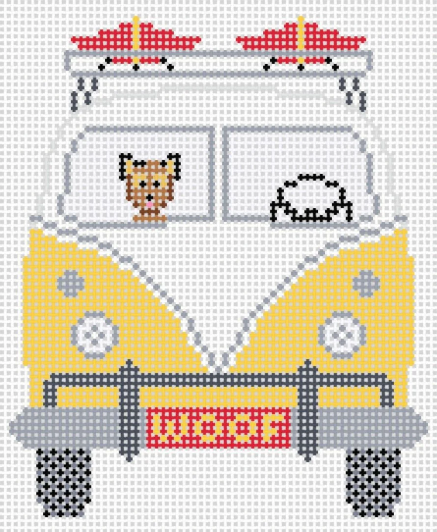 Cross-stitch pattern of a yellow van with a red and yellow sign on the front, featuring a brown dog visible through the front window, with two red and yellow umbrellas on its roof.