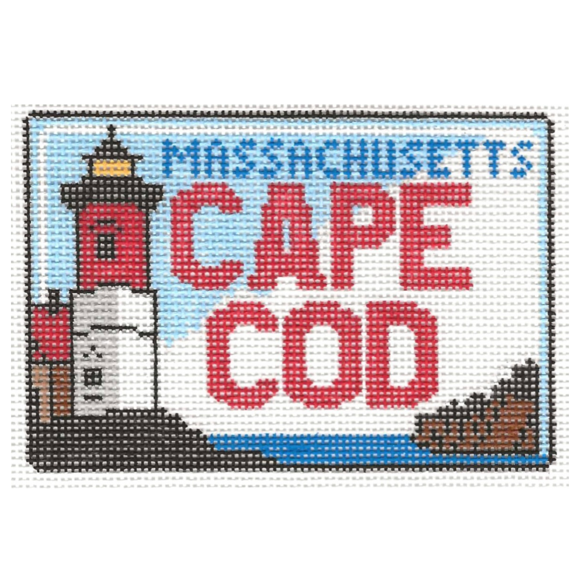 Needlepoint design of with a lighthouse illustration on the left and a patch of land on the right, against a light blue sky background. Text says Cape Cod.