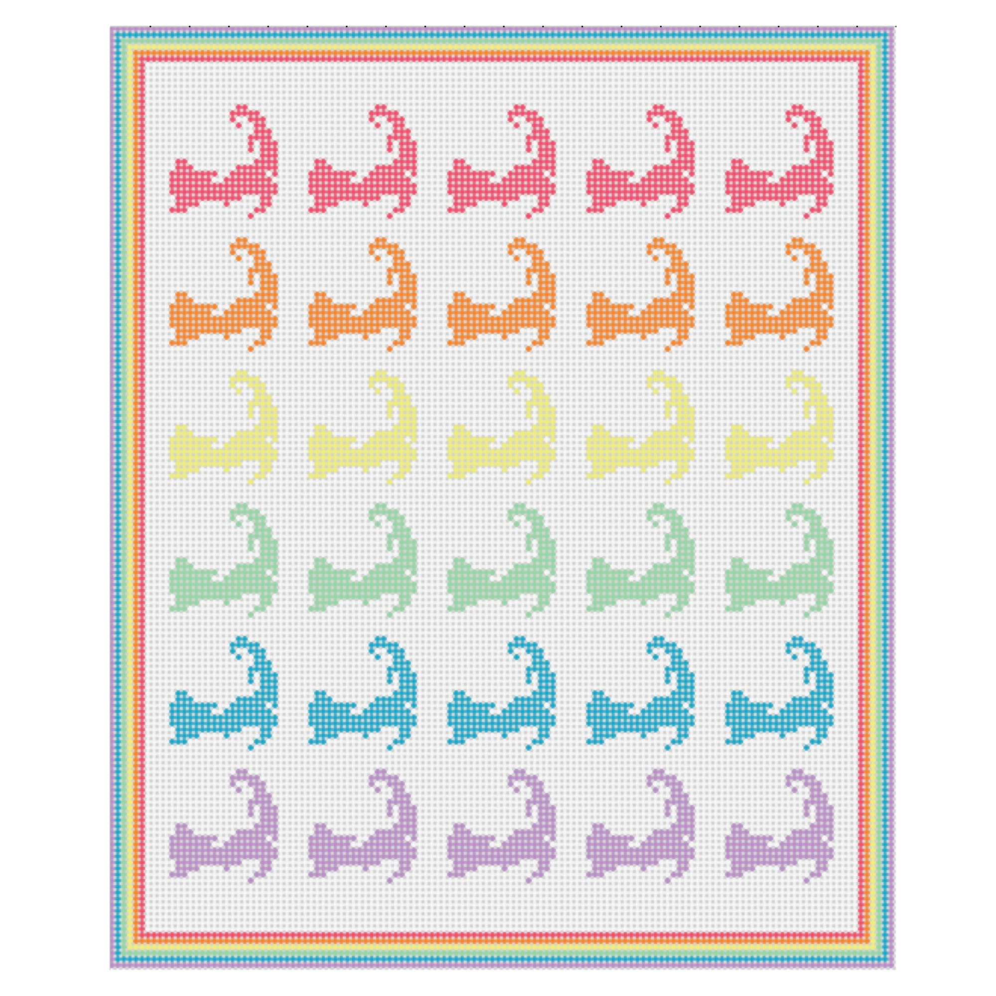 Cross-stitch pattern of rows of cats in different colors: pink, orange, yellow, green, blue, purple, bordered by rainbow-colored stripes.