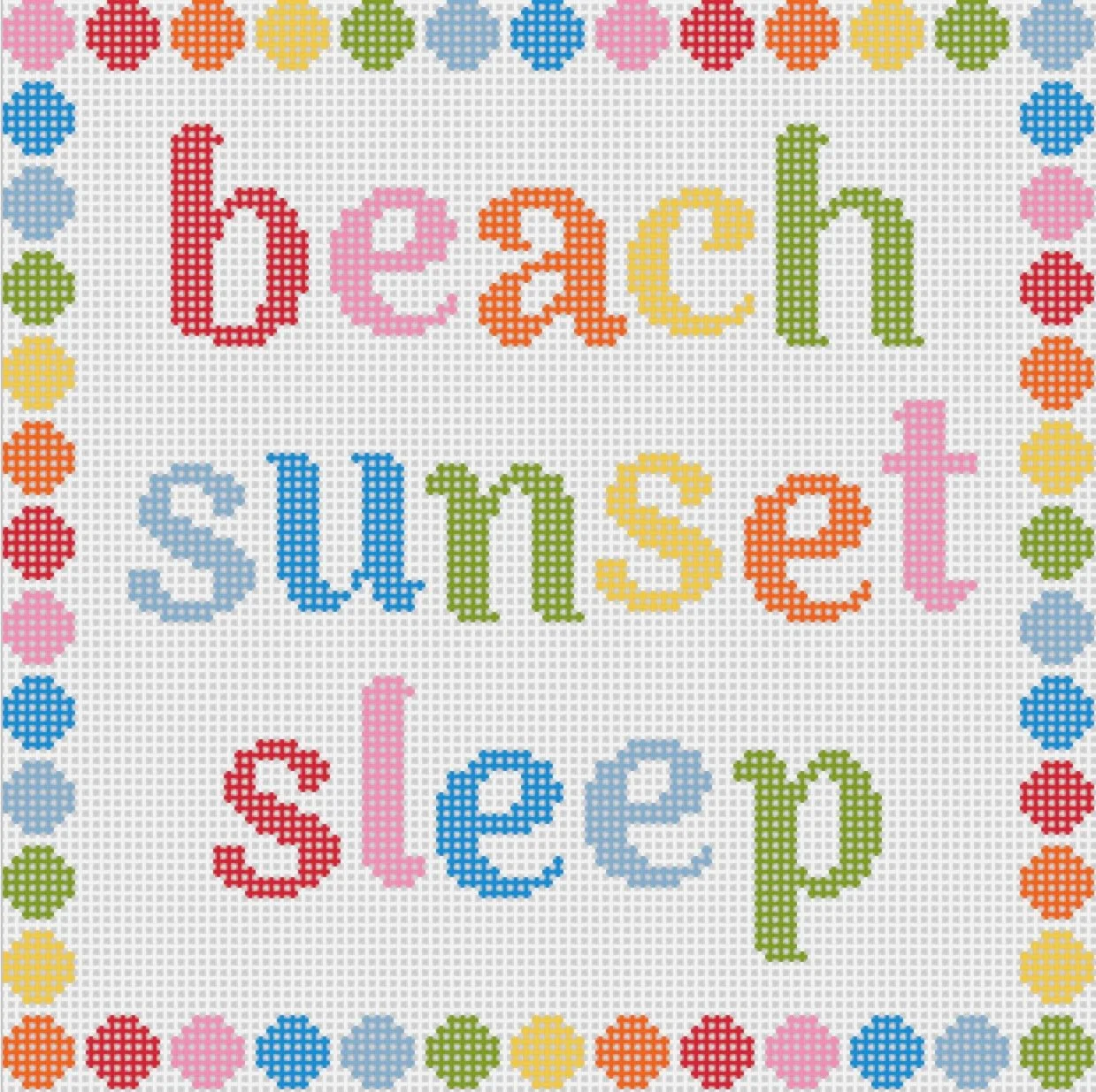 Cross-stitch pattern with the phrase 'Beach summer sleep' in colorful letters, bordered by a multicolored dotted design.