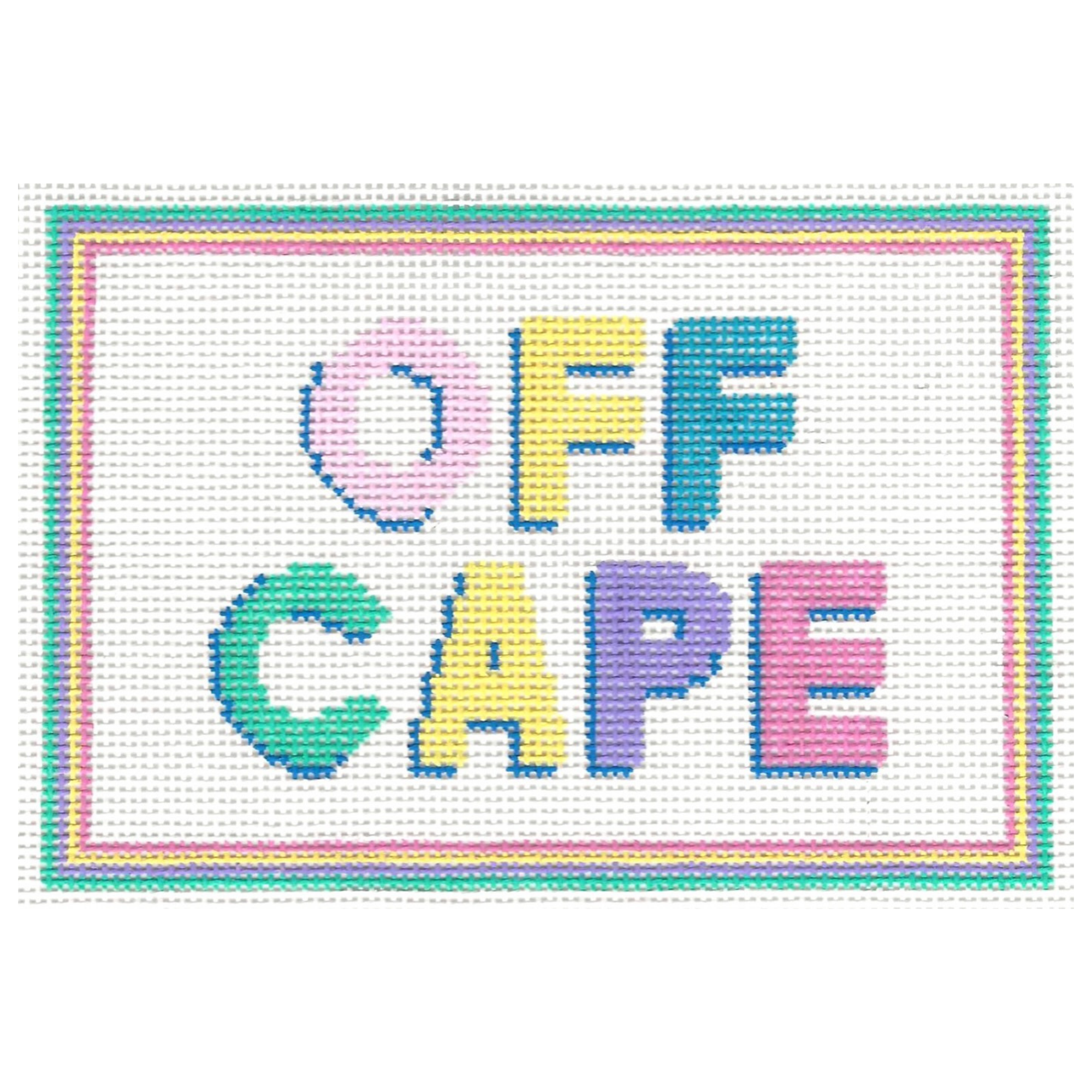 Colorful needlepoint design of the phrase 'OFF CAPE' with a multicolored border on a white background.