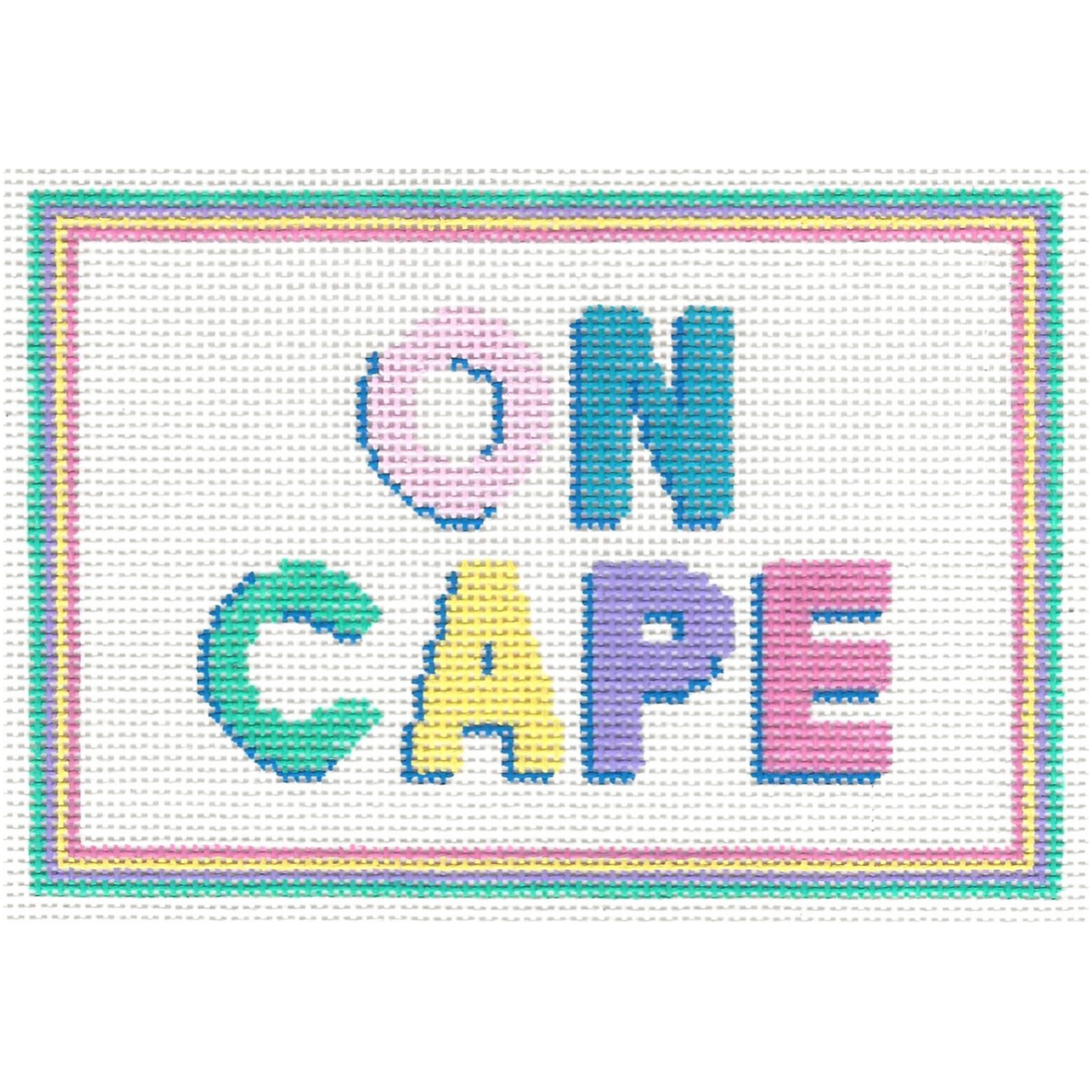 Colorful needlepoint design of the phrase 'ON CAPE' with a multicolored border on a white background.