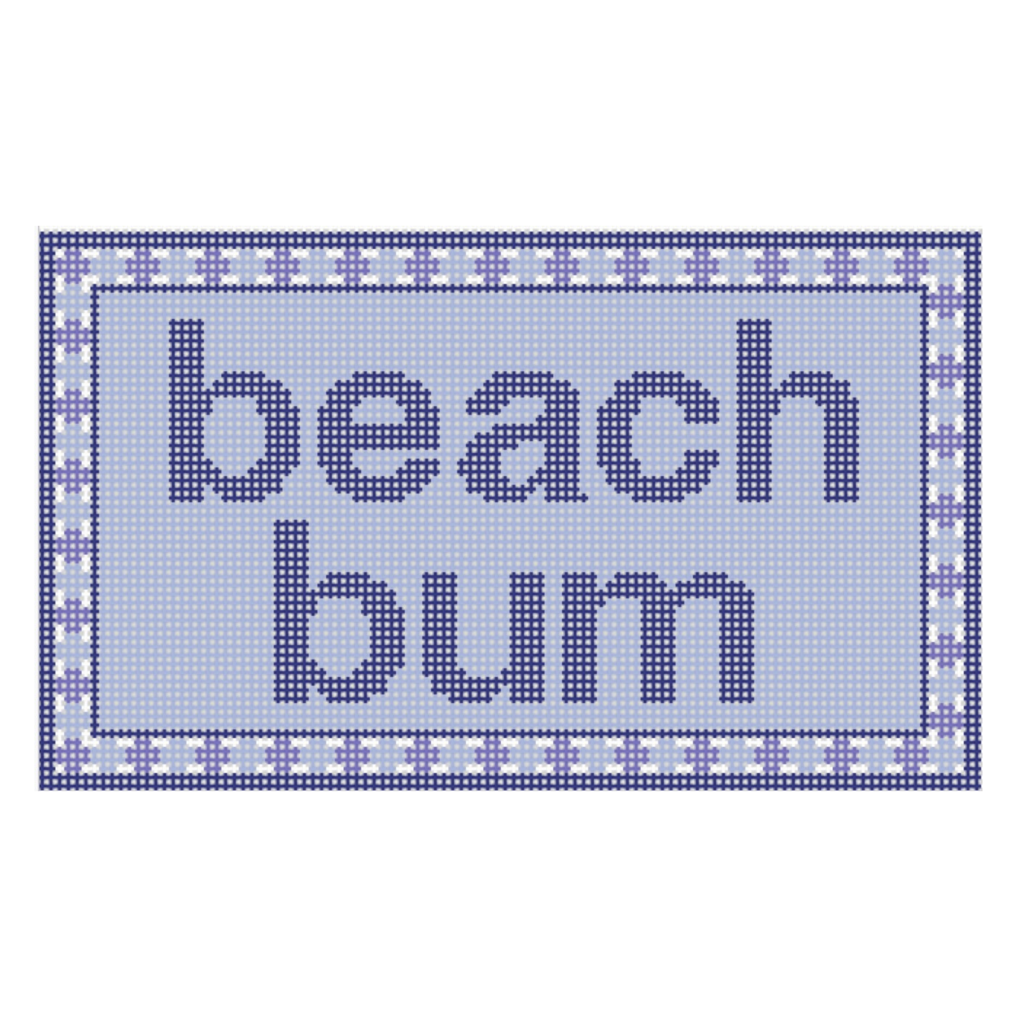 A decorative cross-stitch fabric piece with the words "beach bum" in blue letters on a light blue background, surrounded by a purple and white patterned border.