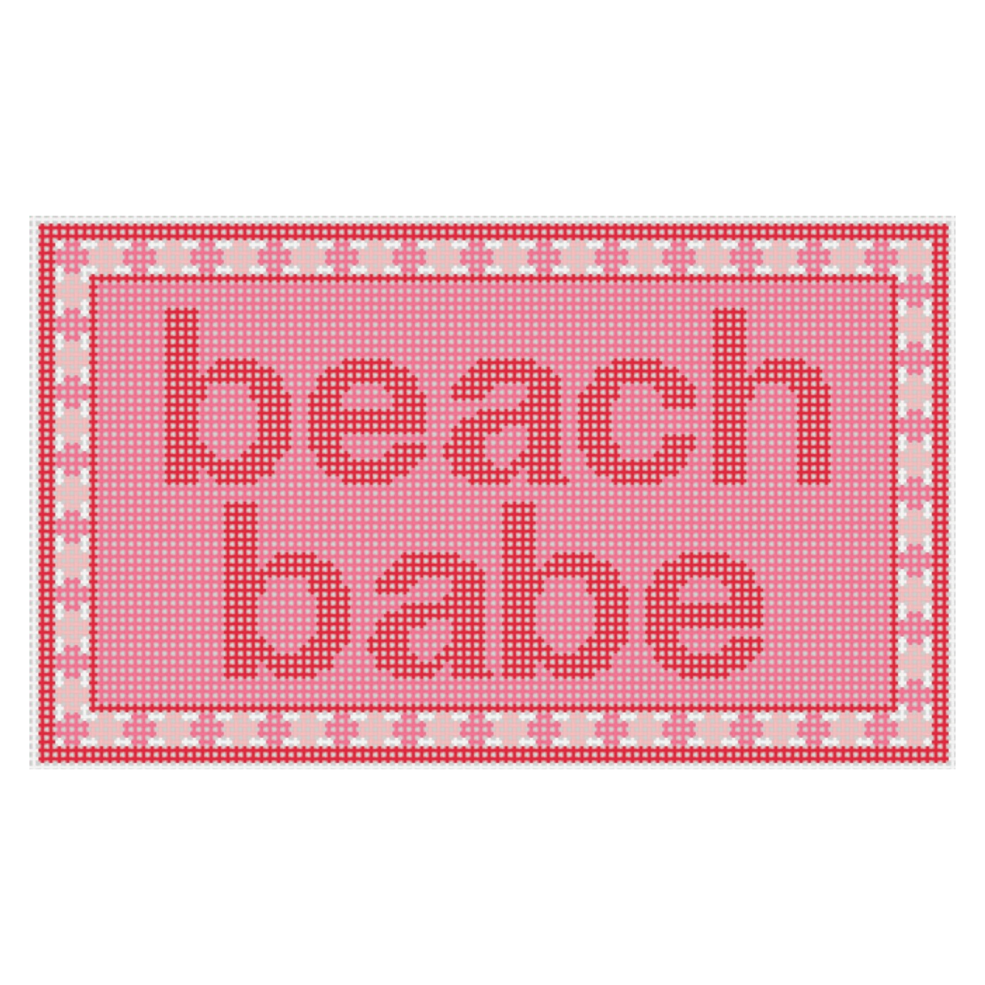 A pink cross-stitch pattern with the words 'beach babe' in red letters, surrounded by a decorative border of pink and white hearts.