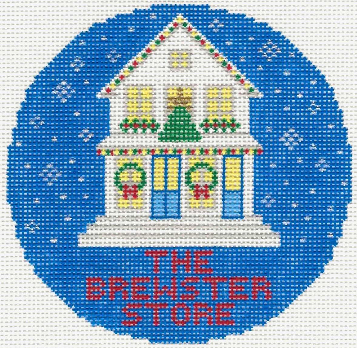 Needlepoint design of the Brewster store in Cape Cod Mass in Christmas decor
