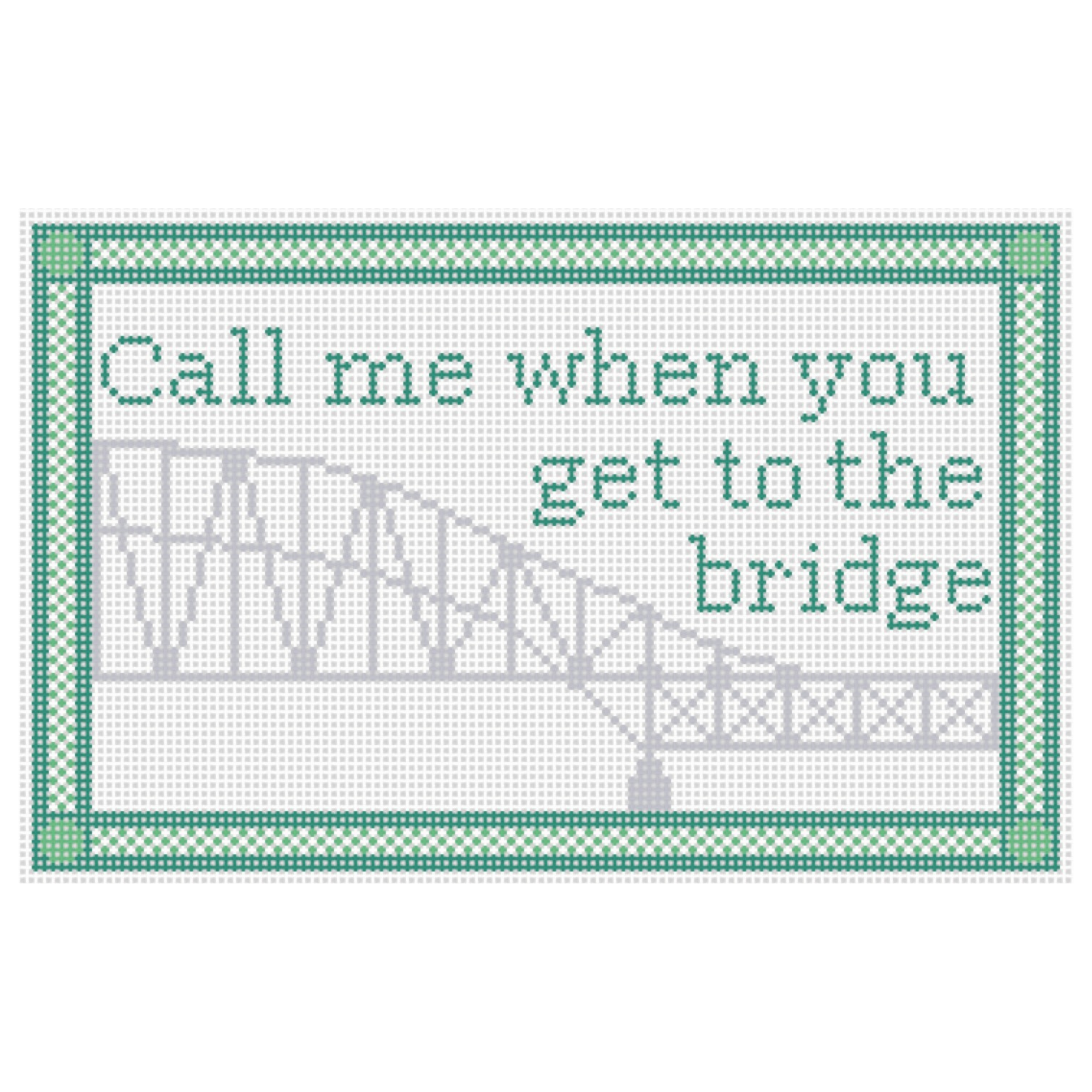 Cross-stitch embroidery with the quote "Call me when you get to the bride" and an illustration of a roller coaster.