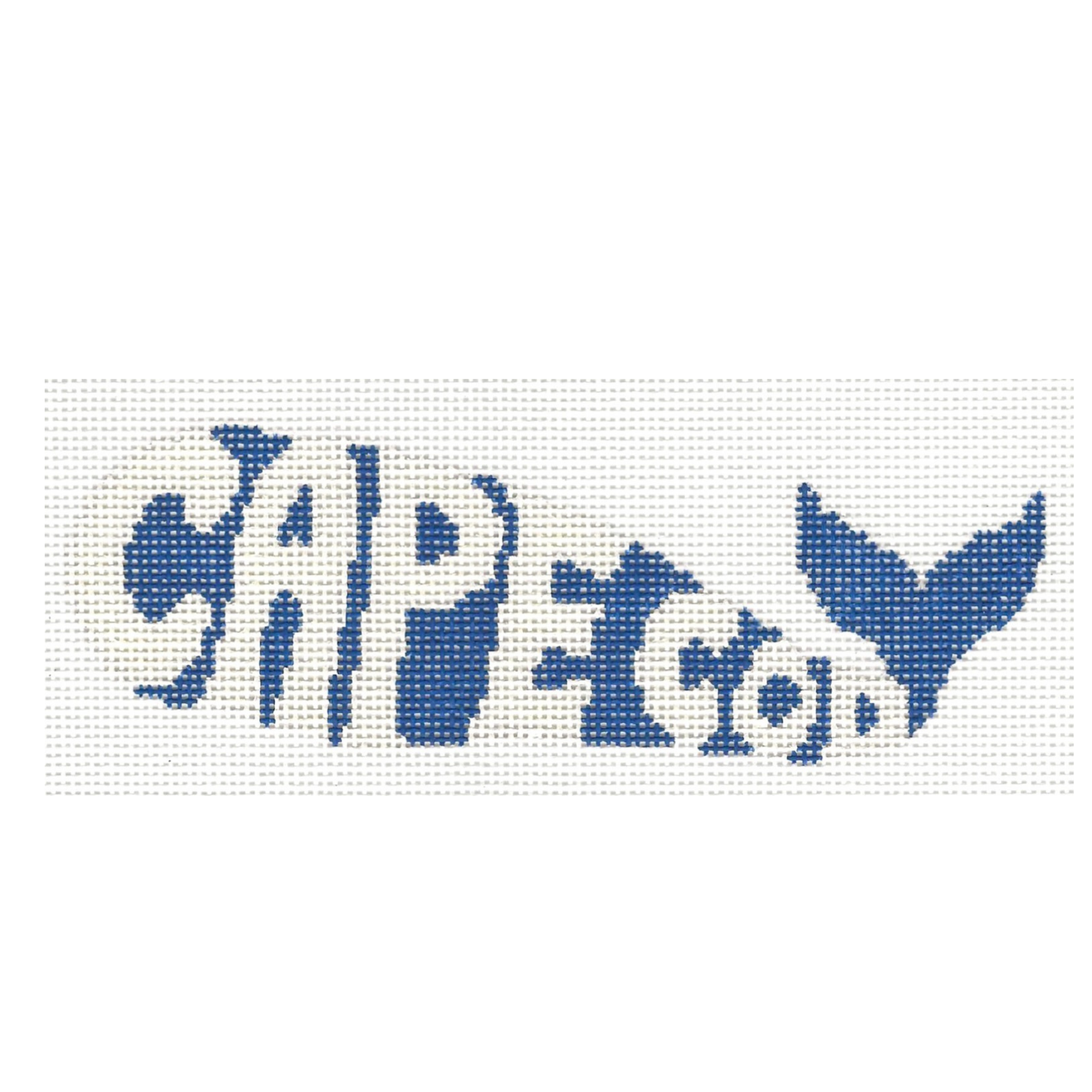 Needlepoint design spelling "Cape Cod" with a whale tail design in blue on white fabric.