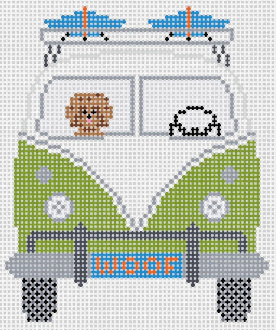 Cross-stitch pattern of a classic green Volkswagen bus with a dog and a steering wheel visible inside, blue and orange 'Hippie' sign on the front bumper, and blue and orange umbrellas on the roof.