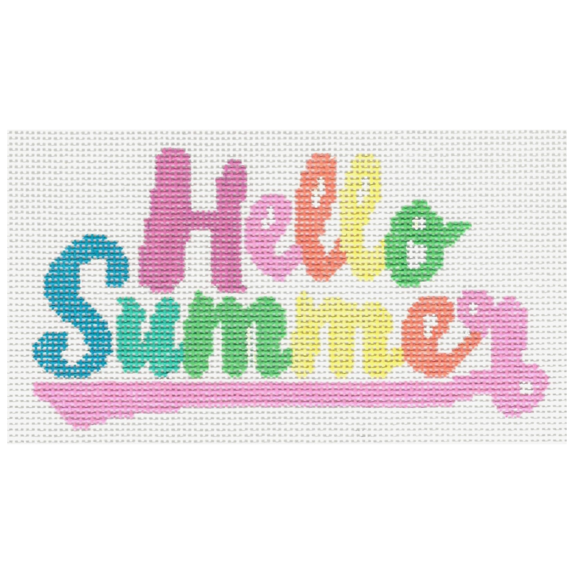 Colorful embroidered design that says 'Hello Sunshine' on white fabric.