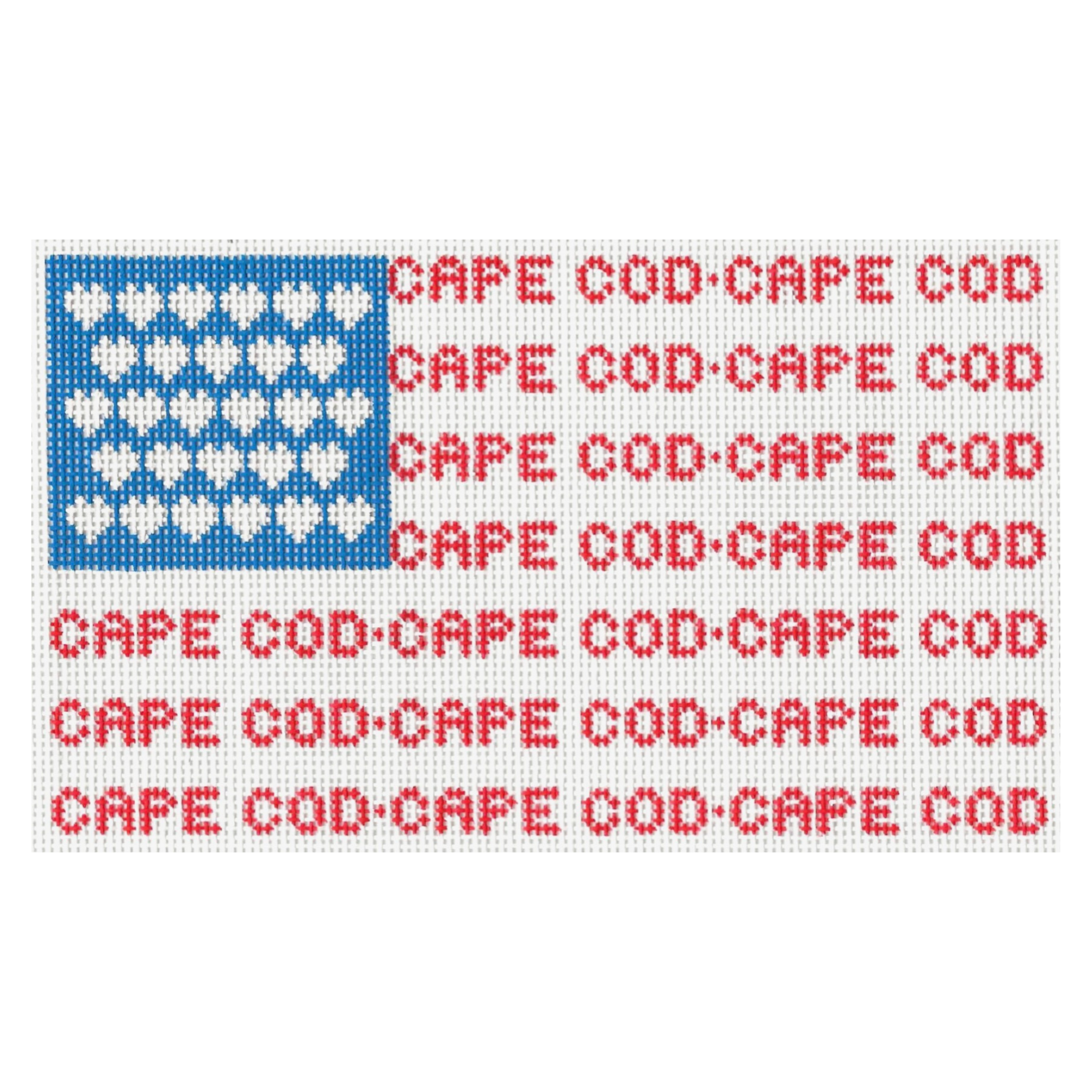 needlepoint patter of the American flag in red, white and blue with the towns in Cape Cod in red. 