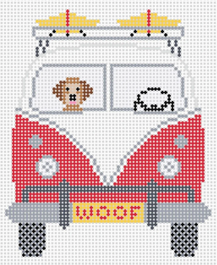 Cross-stitch pattern of a vintage red and white Volkswagen camper van with a dog and cat in the front windows, yellow wings on top, and a yellow license plate reading 'LUV'.