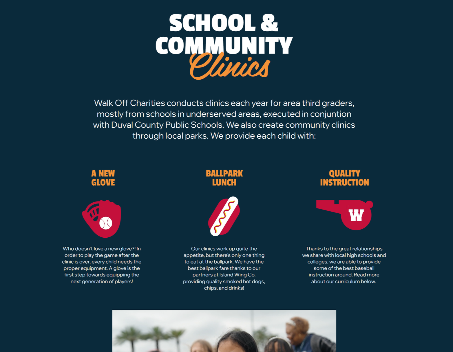 Walk Off Charities School & Community Clinics Landing Page