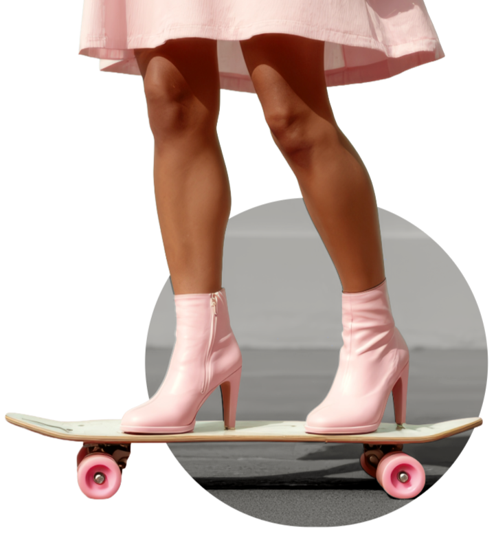 Person riding a skateboard, wearing pink high-heeled boots and a pink skirt.