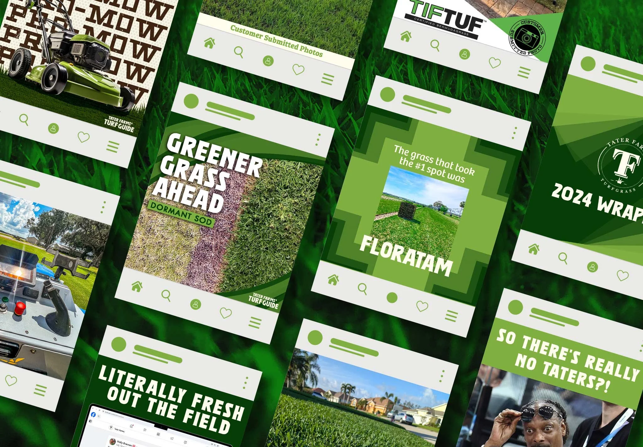 Collage of gardening and lawn care social media posts and images, including a lawn mower, grass, and text about turf management and grass types.