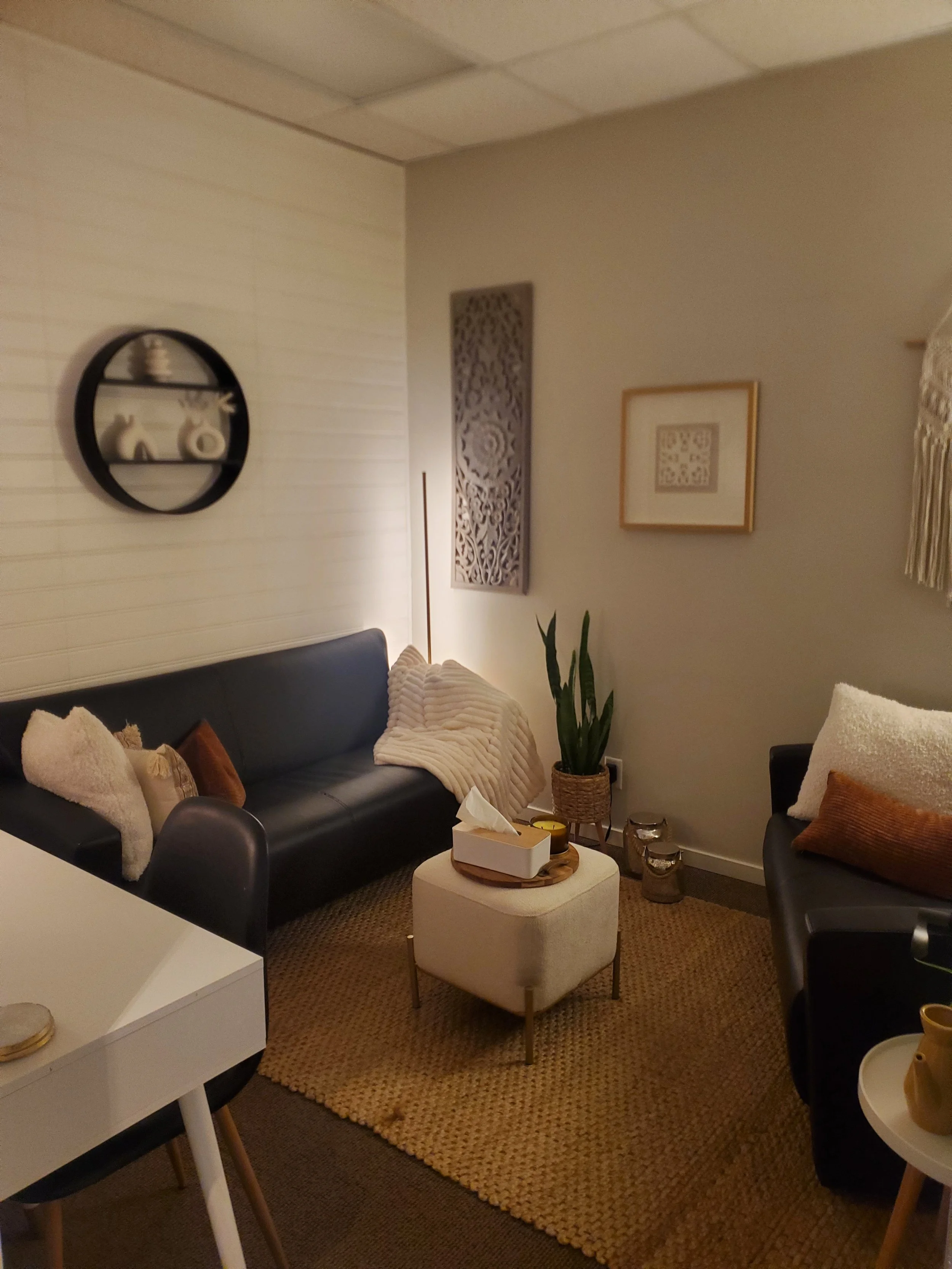 Cozy living room with black leather sofas, a small woven ottoman with tissue box, a potted plant, wall decor, and a textured rug.
