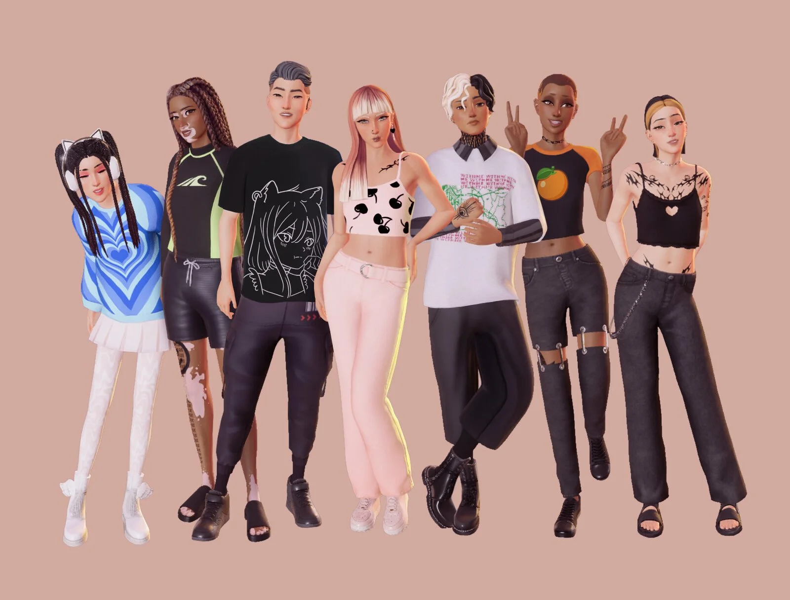 Screenshot of seven diverse animated characters posing against a plain background, wearing stylish casual clothing.