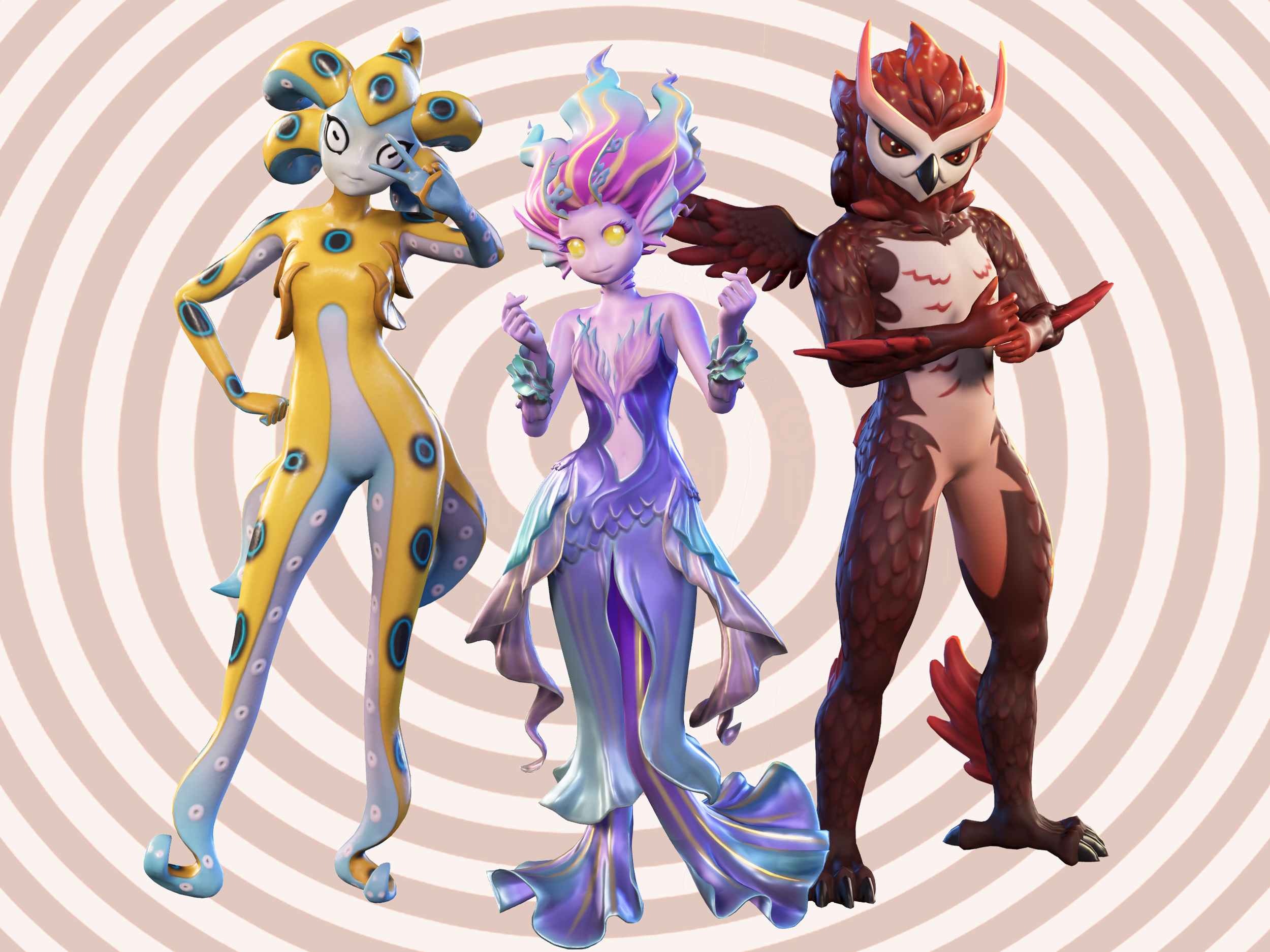 Three colorful fantasy characters standing side by side against a spiral pattern background. The first character is yellow with blue and white circular patterns, with a large head and multiple eye-like features. The second character is a mermaid-like figure with pastel-colored flowing hair, glowing yellow eyes, and a shimmering, scaled dress. The third character is a red-brown creature with an owl-like mask, wings, claws, and a muscular build.