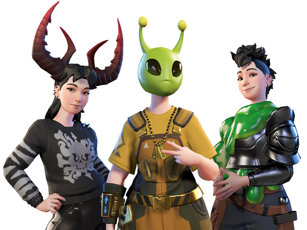 Three animated characters standing together: a female character with horns, a character with a green alien-like head, and a female character with short black spiky hair and a green and black armor set.