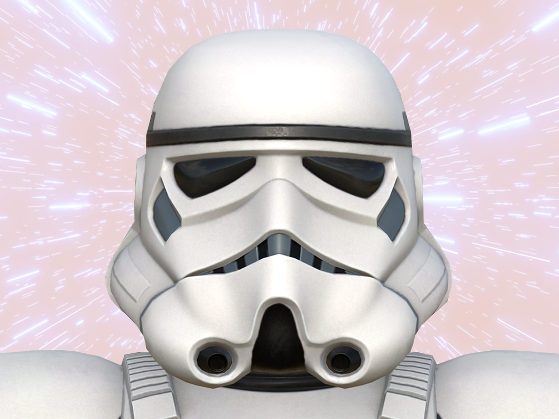 A Stormtrooper helmet from Star Wars against a pink and purple space background with streaks of light.