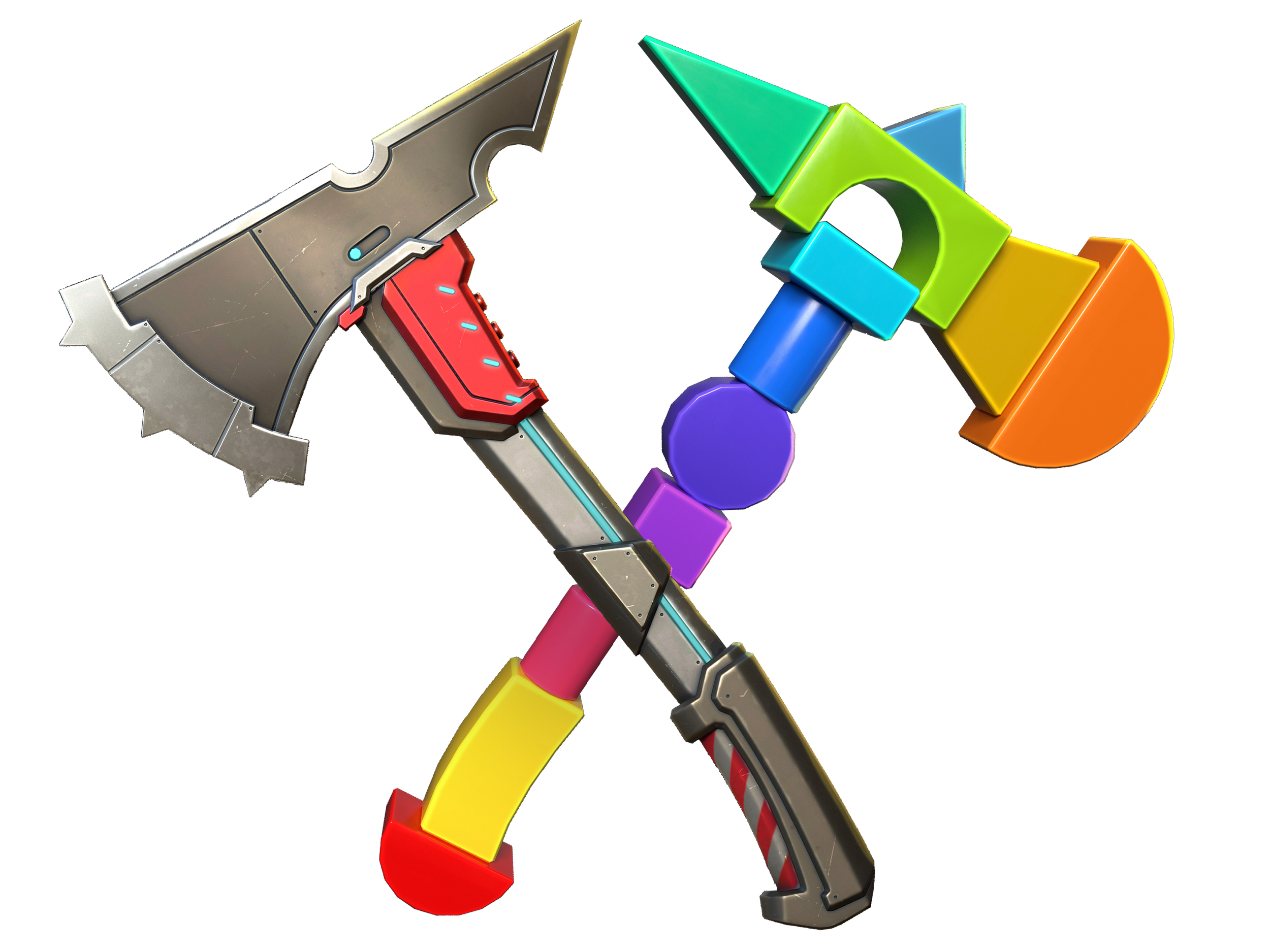 A colorful, futuristic weapon with rainbow-colored geometric shapes and metallic components.