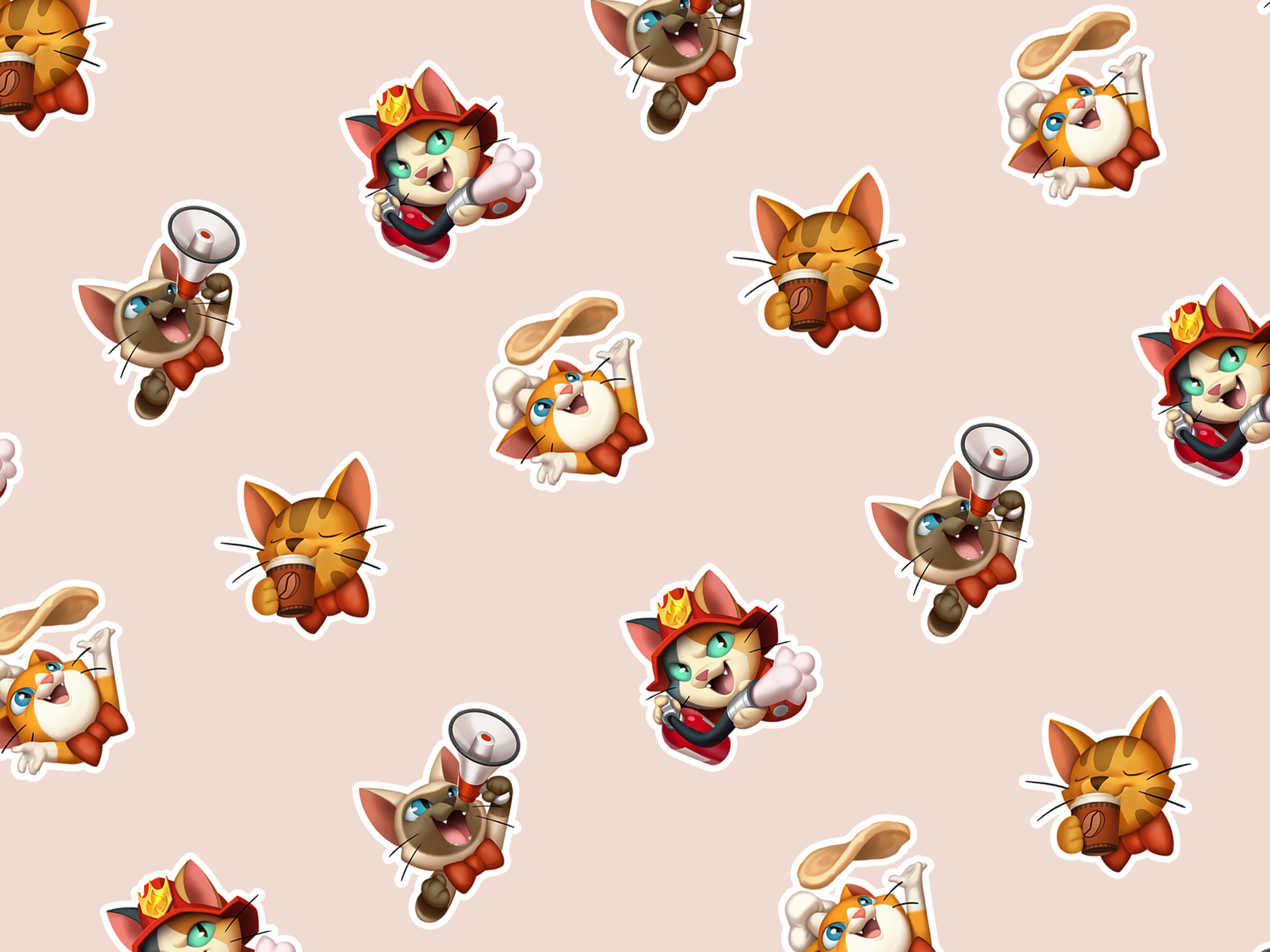 Pattern of animated cats and kittens in various playful poses, some holding coffee cups, scratching posts, or food, on a beige background.