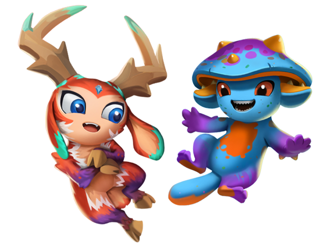 Two cartoon characters, one resembling a deer with antlers and large eyes, and the other a blue amphibian-like creature with a colorful shell, both smiling and facing each other.