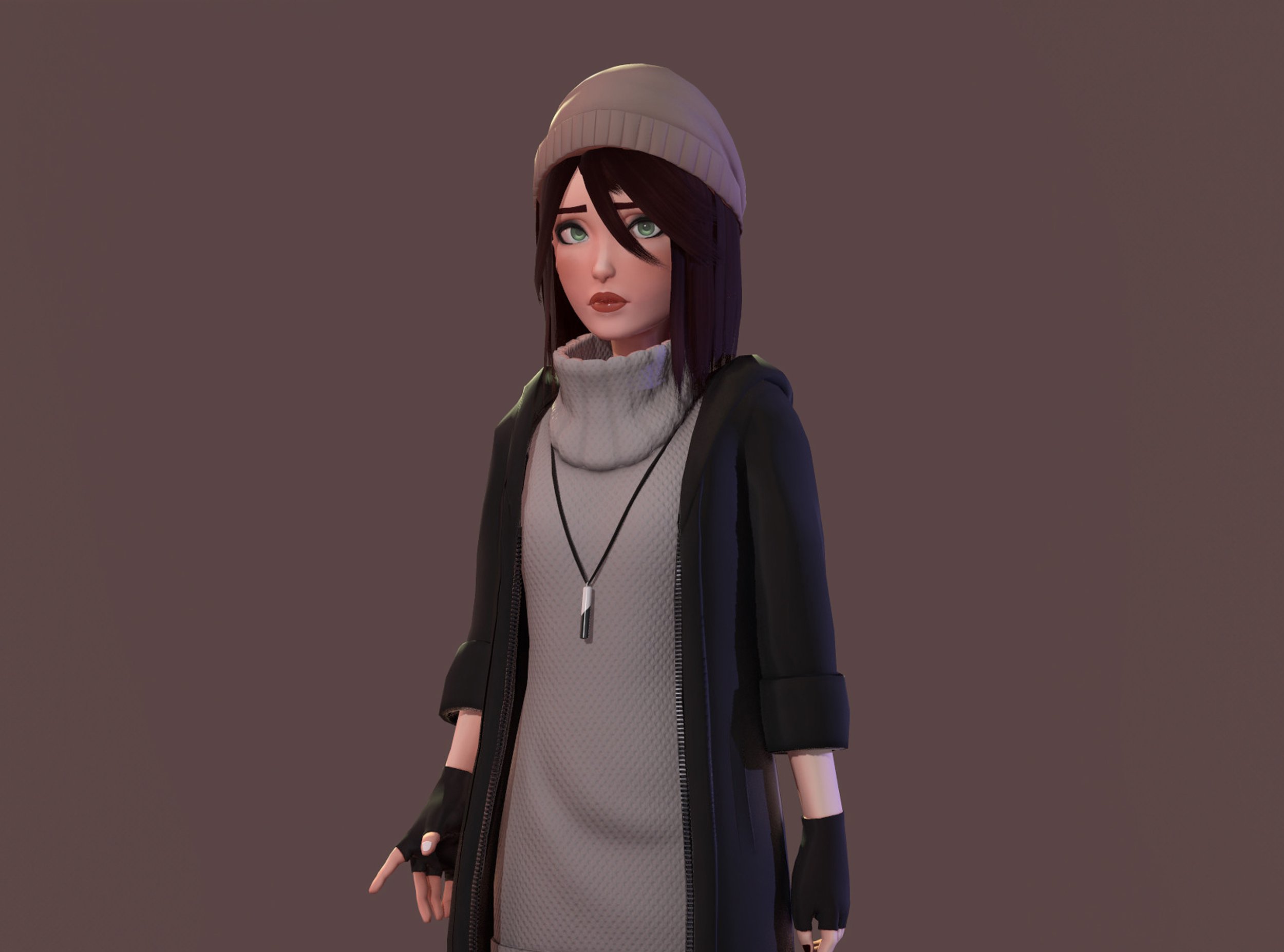 A young woman with black hair, green eyes, and light skin wearing a beige beanie, a gray turtleneck sweater, and a black jacket. She is also wearing black gloves and a black necklace, standing against a plain gray background.