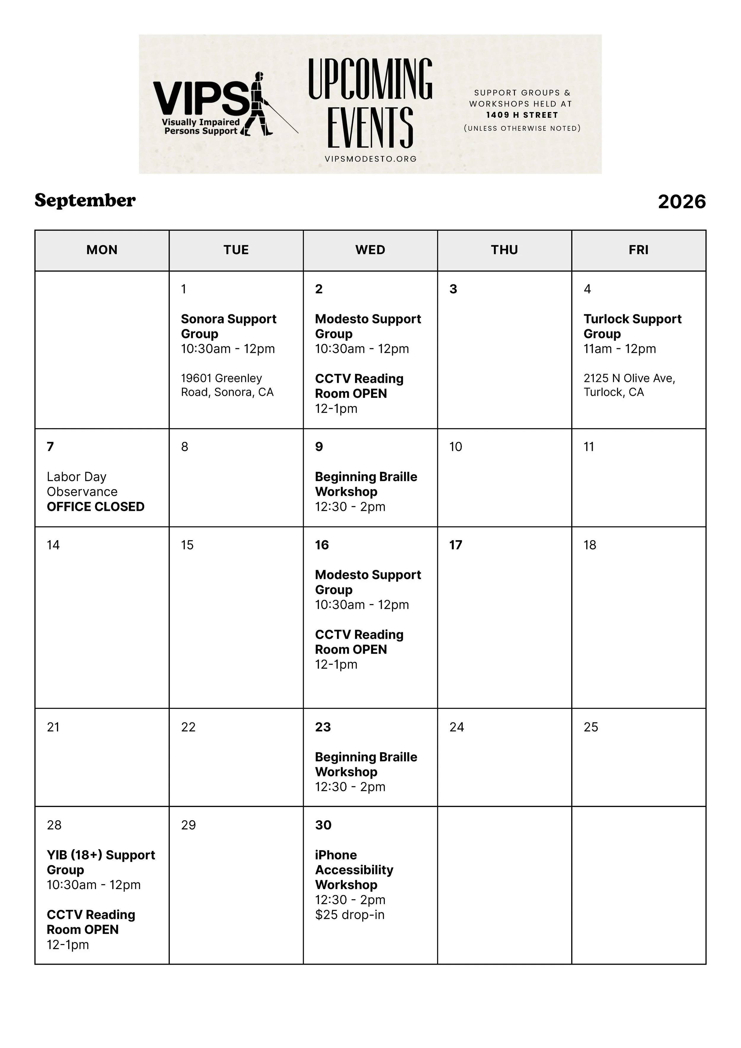 September Support Groups &amp; Workshops at VIPS